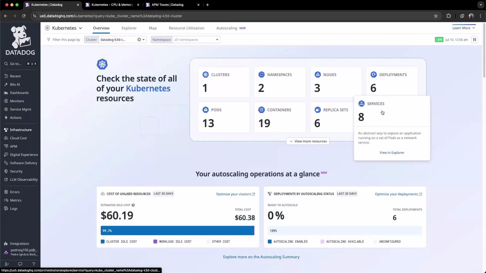 The image shows a Datadog dashboard displaying the state of Kubernetes resources, including clusters, namespaces, nodes, and other metrics, alongside information on autoscaling operations and resource costs.