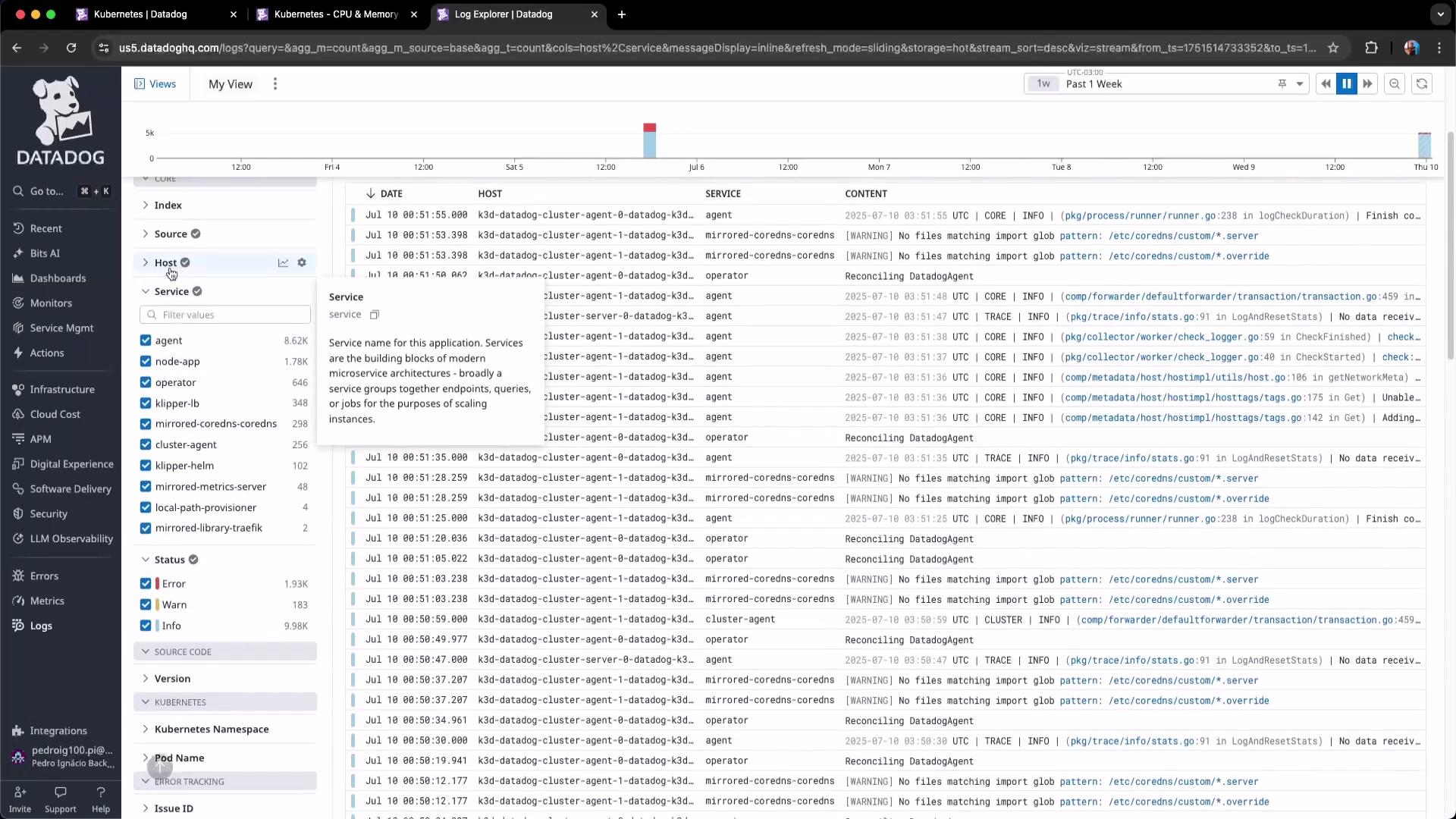 The image shows a Datadog Log Explorer interface displaying log data with details such as date, host, service, and content, alongside filtering options on the left sidebar.