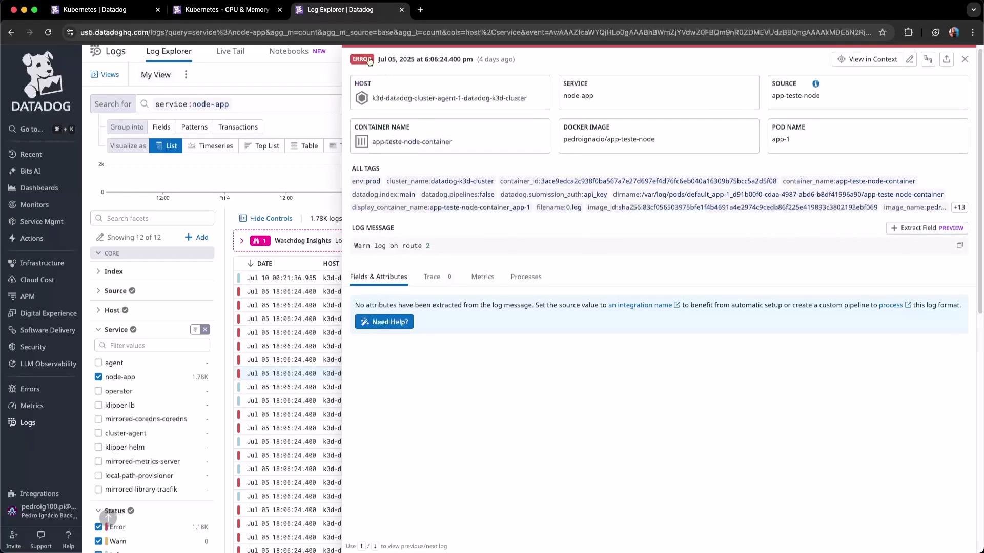 The image shows a screenshot of the Datadog Log Explorer interface, displaying logs for the "node-app" service with a visible error message dated July 5, 2025. It includes filters and details about hosts, sources, and containers.
