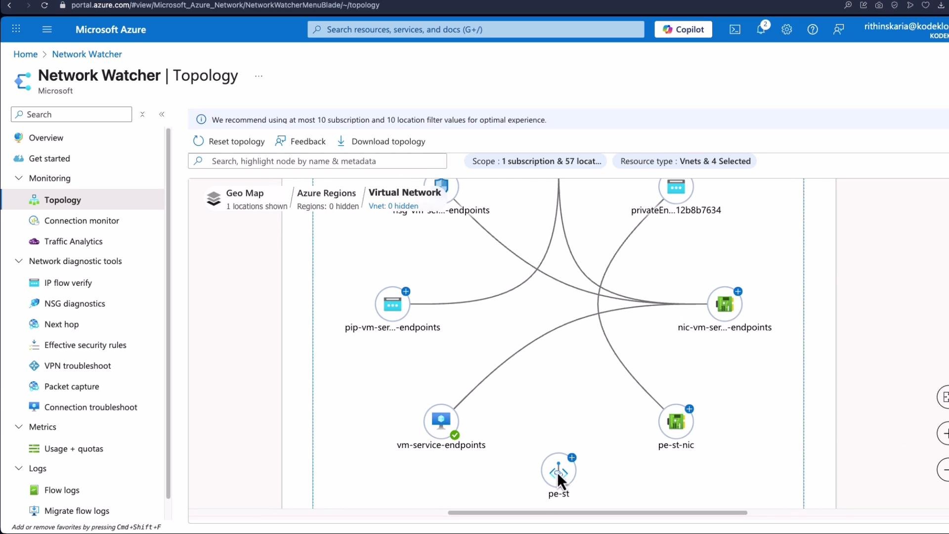 The image shows a network topology diagram in the Azure Network Watcher tool, displaying various virtual network connections and endpoints. The interface includes sections for monitoring, diagnostics, and topology mapping.