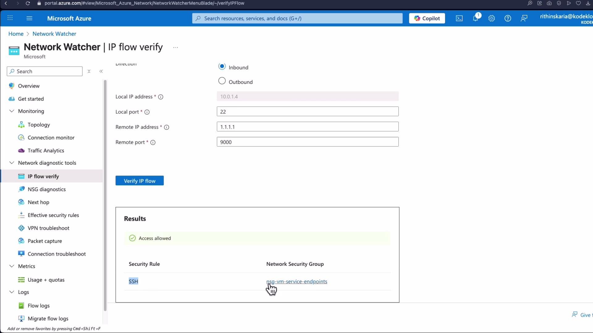 The image shows a Microsoft Azure Network Watcher interface for IP flow verification, indicating that access is allowed for the specified inbound connection.