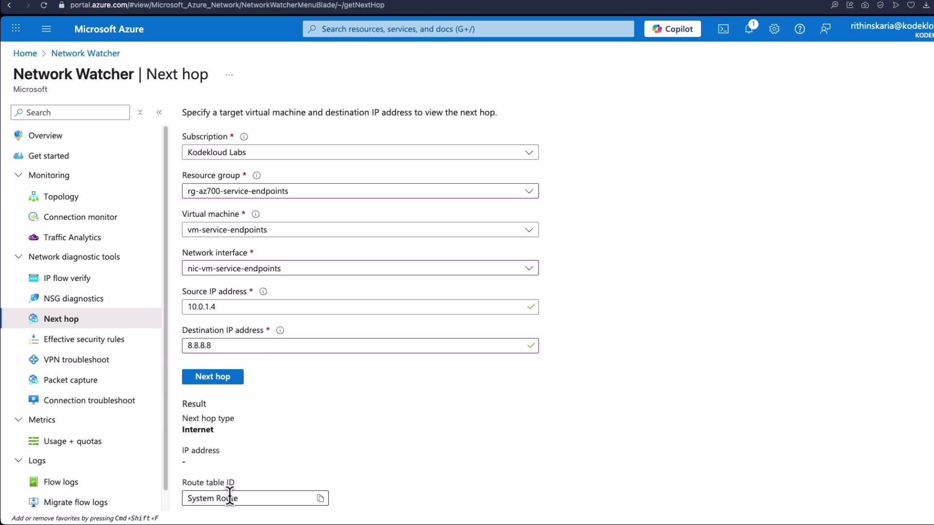 The image shows the Microsoft Azure Network Watcher interface, focusing on the "Next hop" tool, which helps specify a target virtual machine and destination IP to view the next network hop. The form includes fields for subscription, resource group, virtual machine, network interface, and IP addresses.