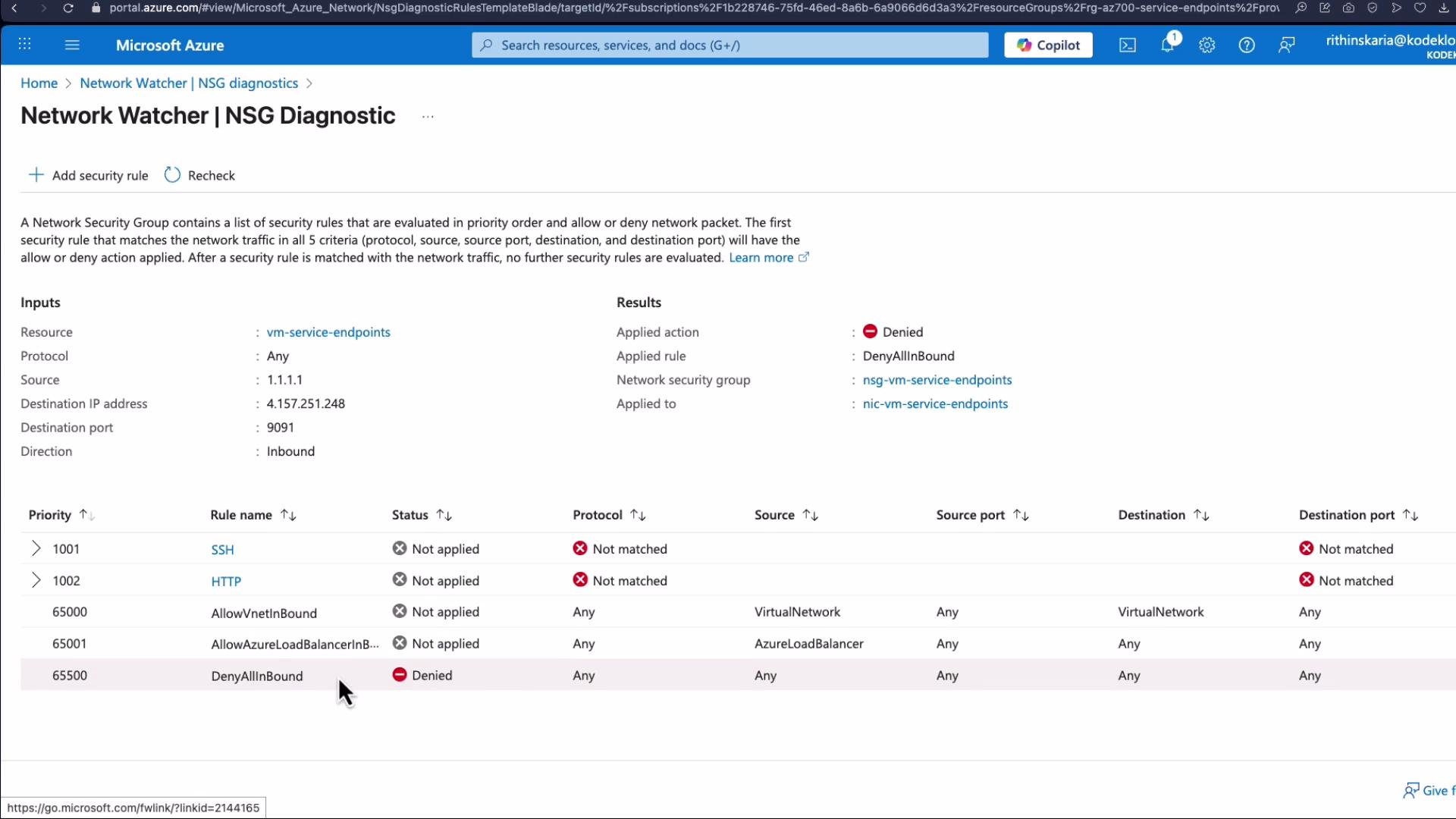 The image shows an Azure Network Security Group (NSG) diagnostic screen detailing security rules for a virtual machine service. The rules indicate a denied action due to a "DenyAllInBound" rule applied.