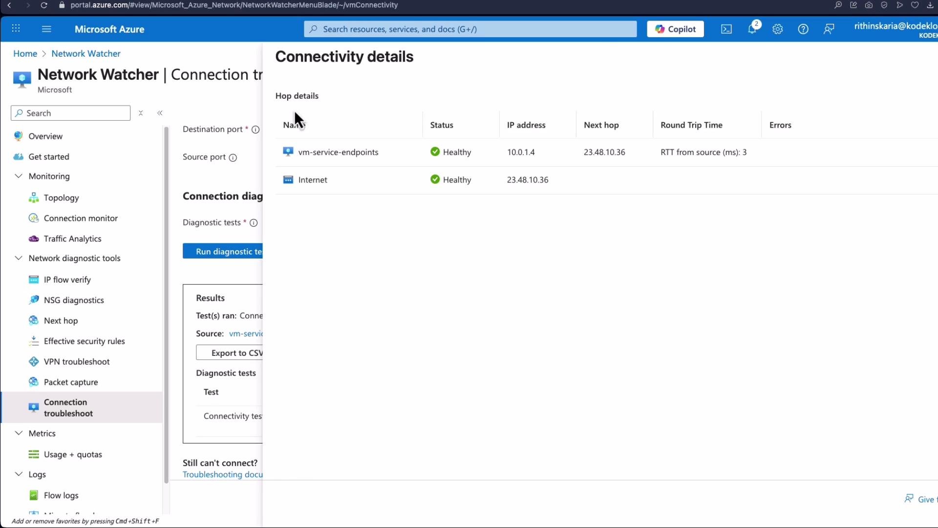 The image shows the Microsoft Azure portal with a "Connectivity details" section displaying network connection statuses as "Healthy" for two endpoints. The interface includes options for running diagnostic tests and viewing additional information.