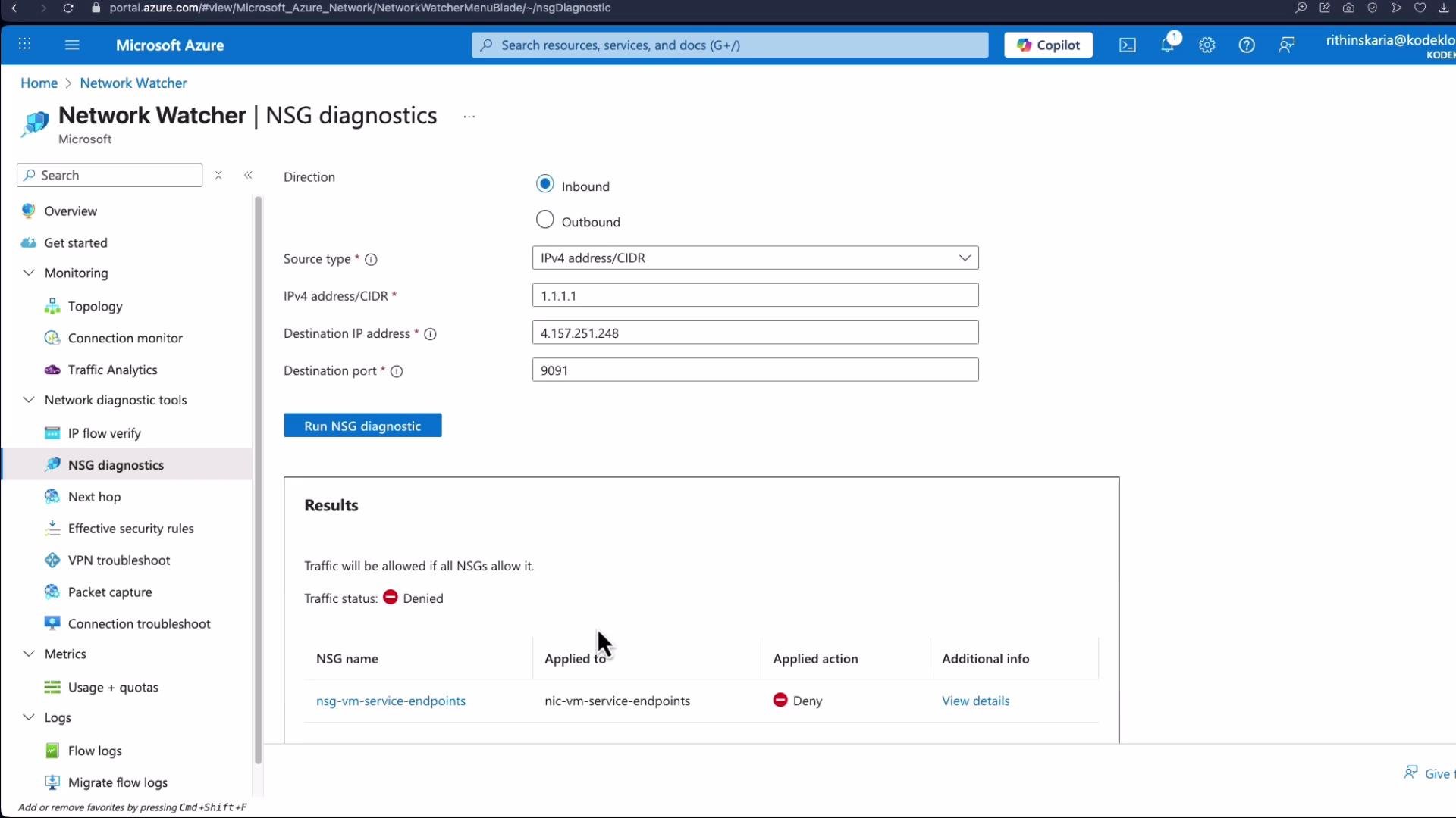 The image shows the Microsoft Azure portal, specifically the Network Watcher NSG diagnostics page, displaying a denied inbound traffic result for specified IP addresses and port. It includes sections for source type, destination IP, and other diagnostic parameters.