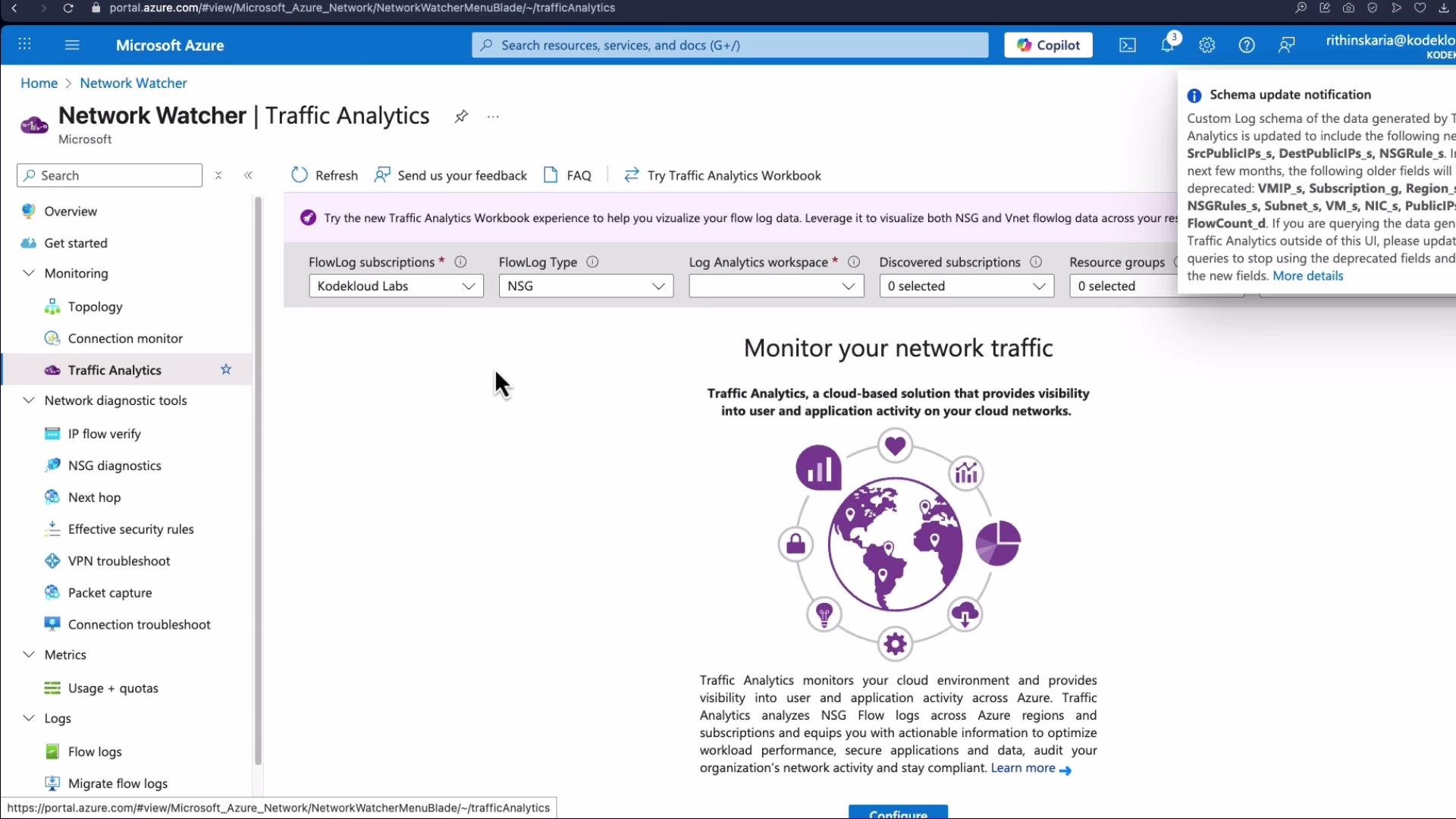 The image shows the Microsoft Azure portal's Traffic Analytics page under Network Watcher, featuring options to monitor network traffic with a descriptive section and an infographic.