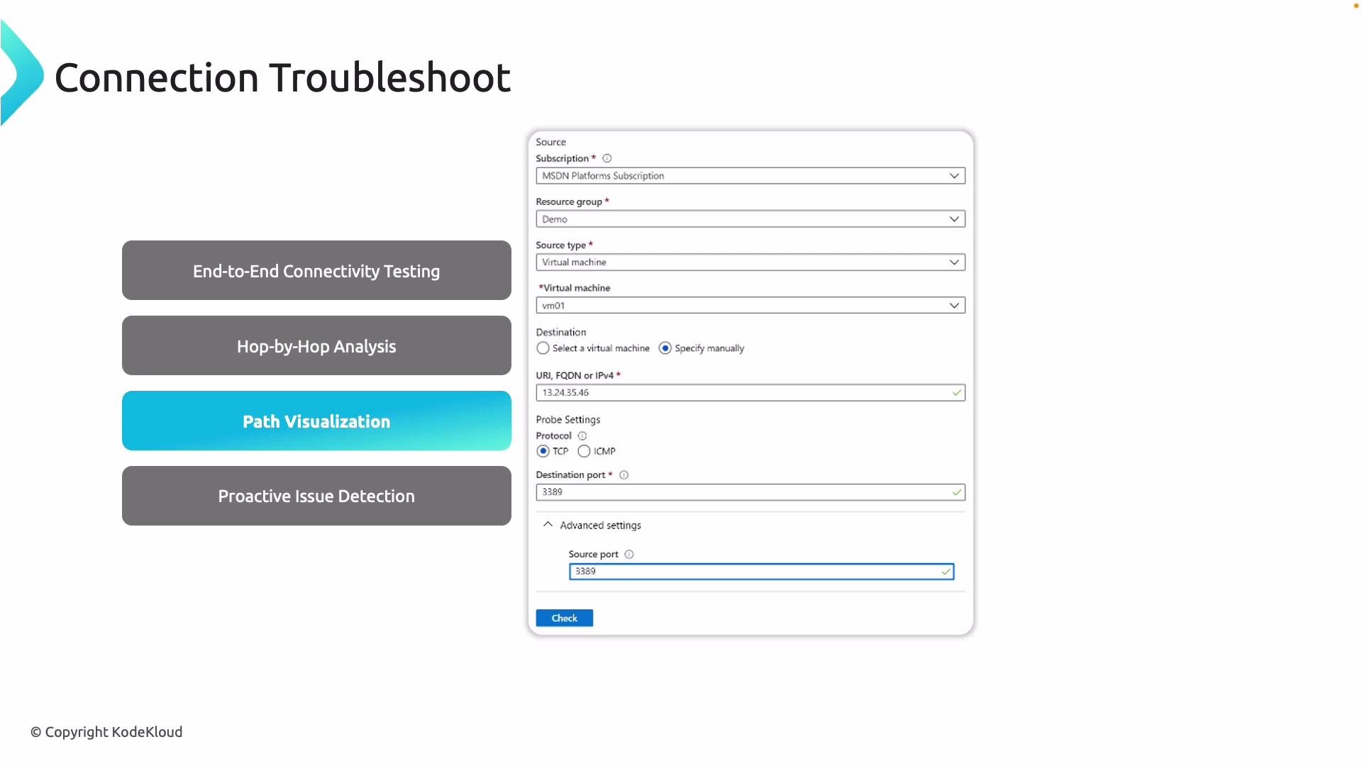 The image displays a "Connection Troubleshoot" interface with options including "End-to-End Connectivity Testing," "Hop-by-Hop Analysis," "Path Visualization," and "Proactive Issue Detection," along with a form for configuring network settings.