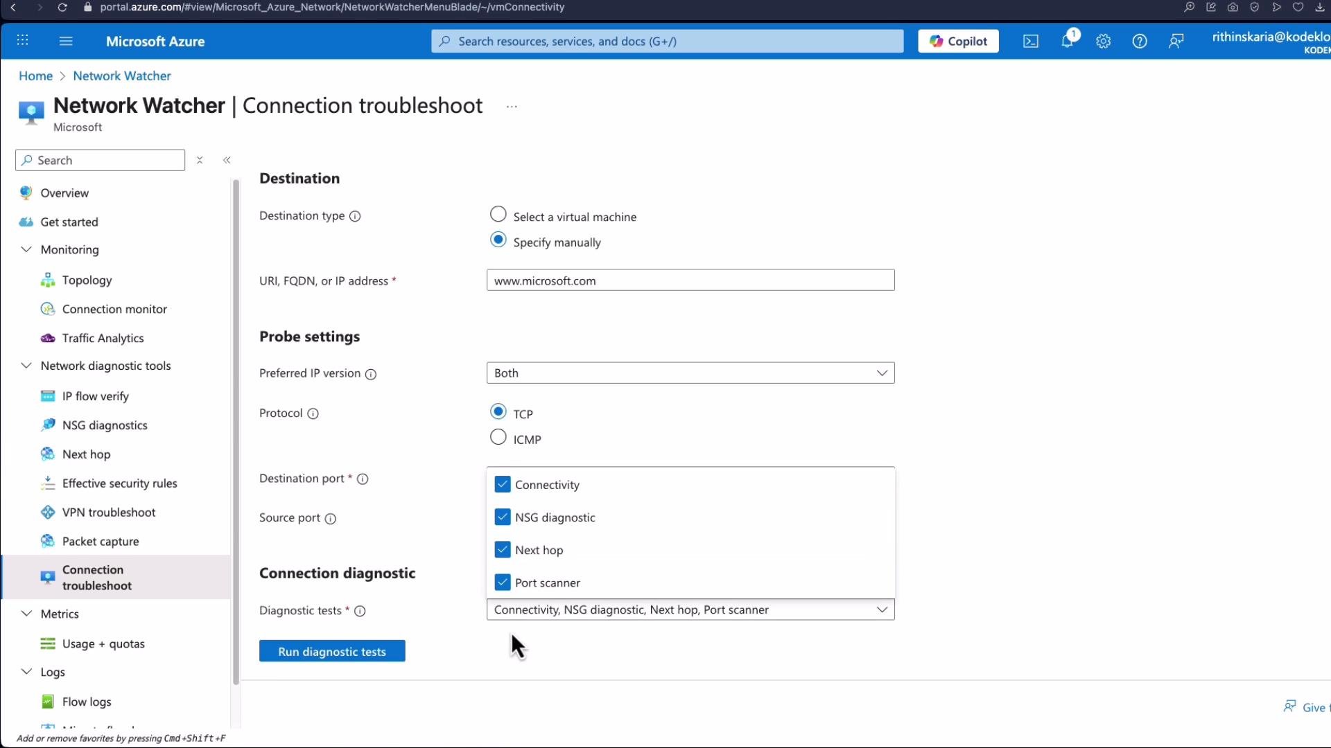 The image shows the "Network Watcher | Connection Troubleshoot" page in the Microsoft Azure portal, where users can specify connection settings and diagnostics for troubleshooting network connections. The interface includes options for destination, probe settings, and connection diagnostic tests.