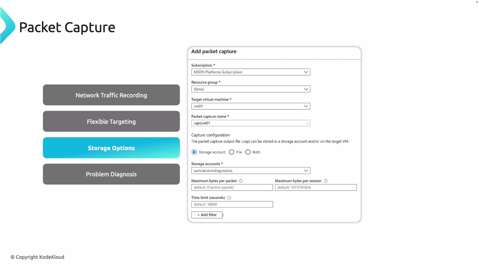 The image shows a user interface for setting up a packet capture, with options for subscription, resource group, target virtual machine, and storage settings. There are buttons for different configuration areas such as network traffic recording, flexible targeting, storage options, and problem diagnosis.