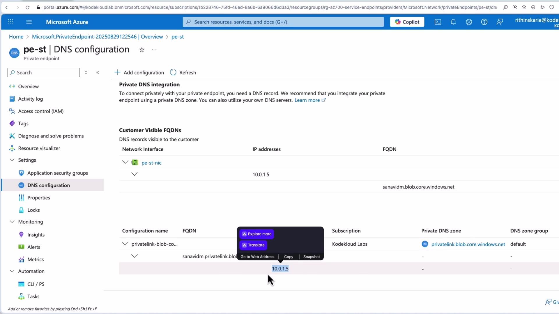 The image shows the DNS configuration page for a private endpoint in the Microsoft Azure portal, detailing private DNS integration, customer-visible FQDNs, and related settings.