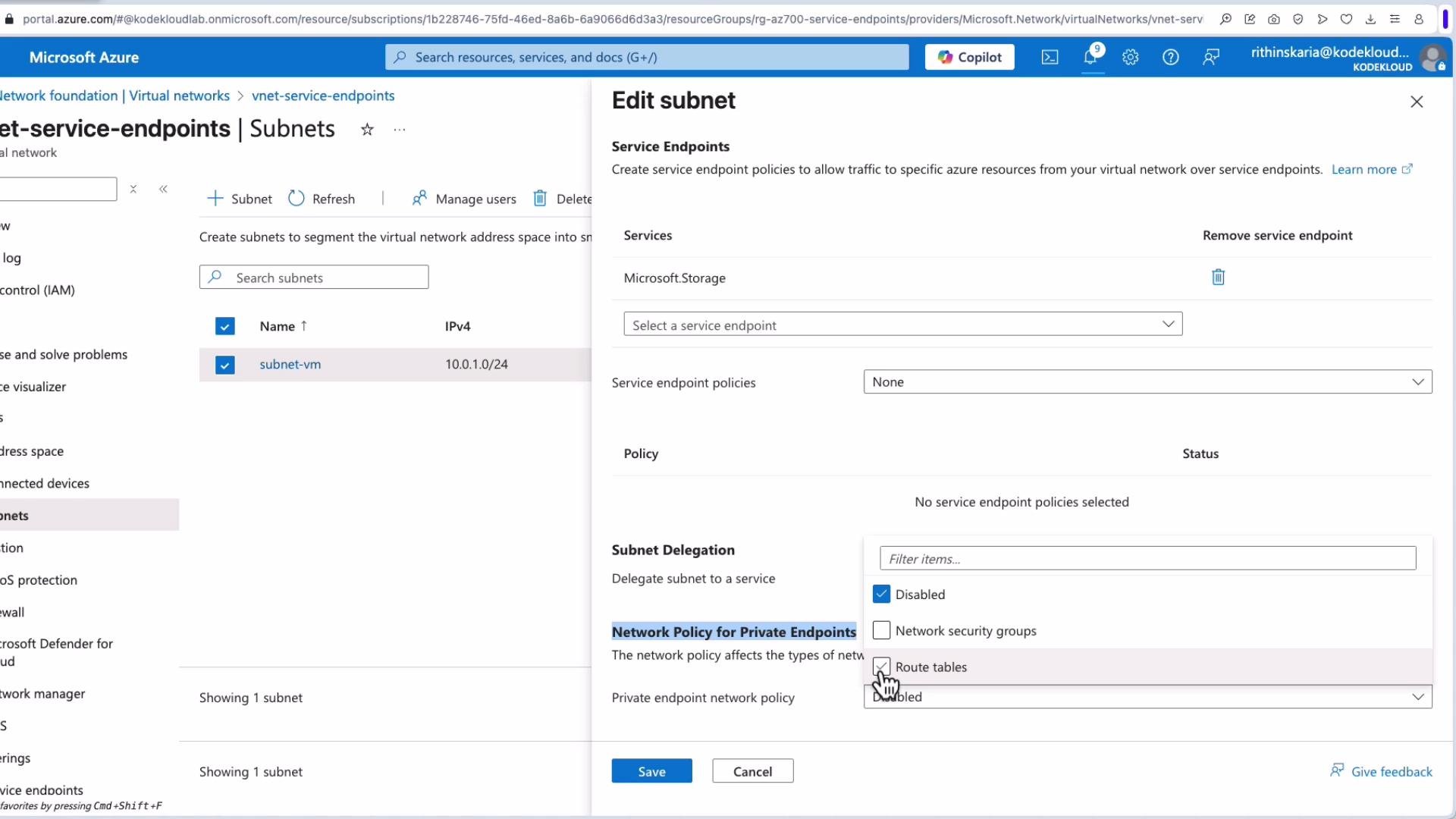 The image shows the Microsoft Azure portal interface, specifically the "Edit subnet" screen. It highlights options for configuring service endpoints, subnet delegation, and network policy for private endpoints within a virtual network.