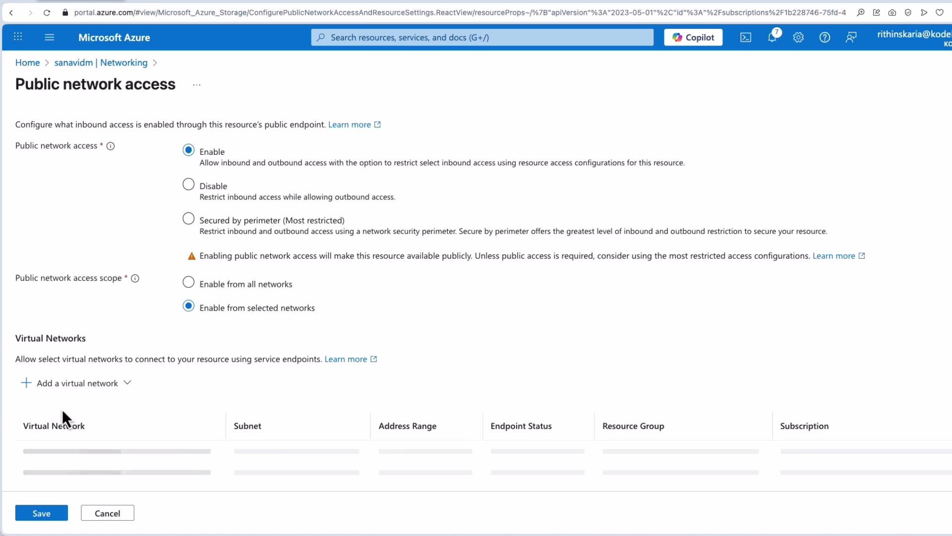 The image shows a Microsoft Azure portal screen for configuring public network access settings, including options to enable or disable access and set access scope for virtual networks.