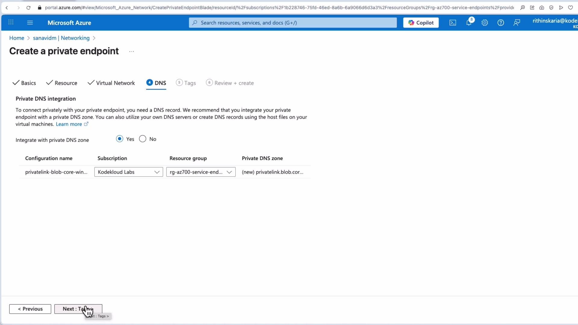 The image shows the "Create a private endpoint" page in the Microsoft Azure portal, specifically on the "DNS" tab where options for integrating with a private DNS zone are being configured. The user is about to click "Next: Tags >" to proceed.