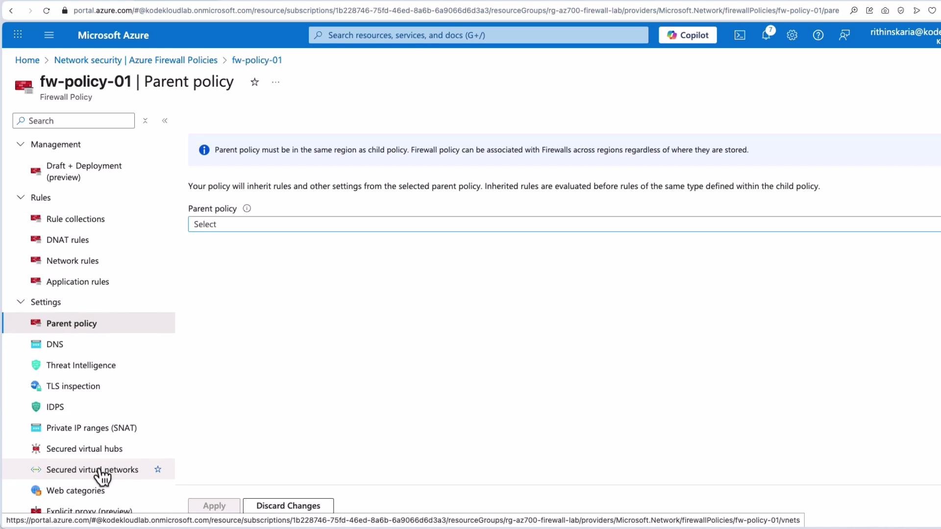 The image shows the Microsoft Azure portal interface for configuring a firewall policy (fw-policy-01) with options for management and rules settings, including a section for selecting a parent policy.