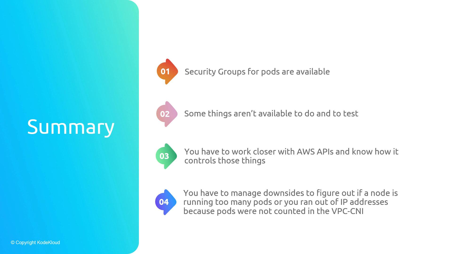A presentation slide titled "Summary" with four numbered bullet points. The points mention security groups for pods, limited things available to test, needing to work with AWS APIs, and managing node/pod IP address issues related to the VPC‑CNI.