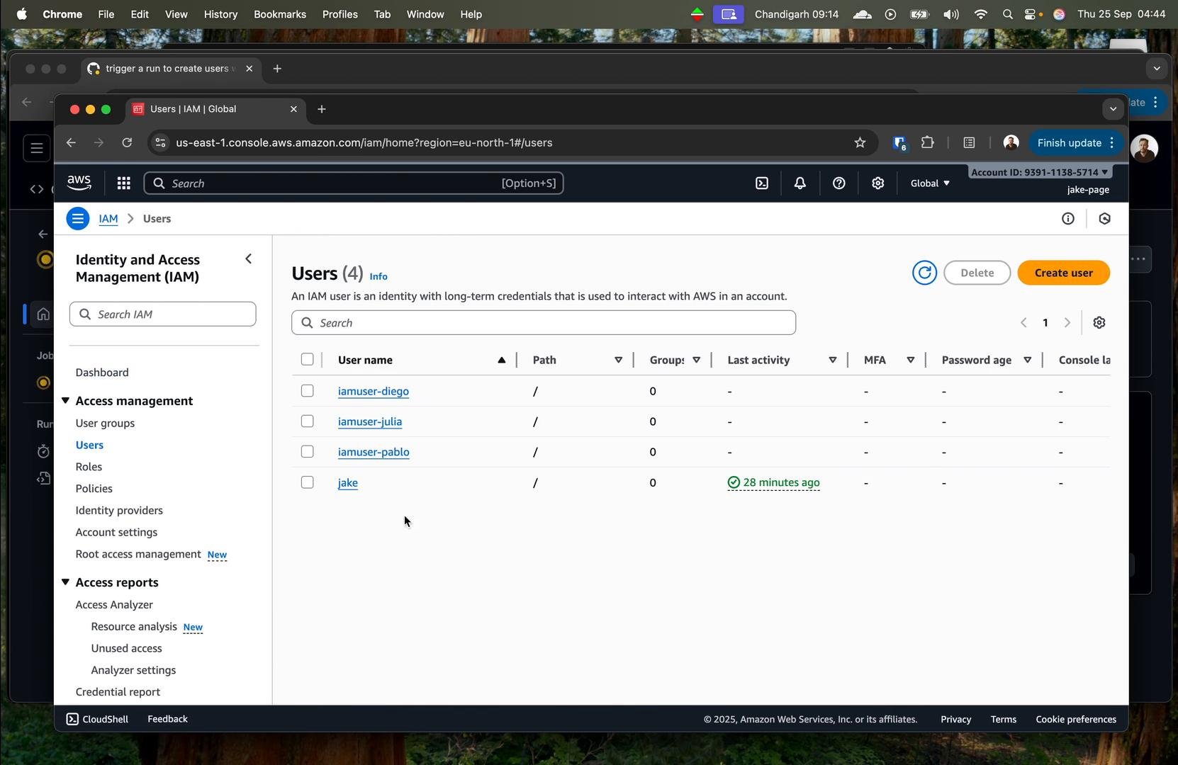 A screenshot of the AWS Identity and Access Management (IAM) console showing the Users page with four accounts listed (iamuser-diego, iamuser-julia, iamuser-pablo, and jake) and the left-hand navigation menu. The interface shows user details like path, groups, and that the user "jake" had activity 28 minutes ago.