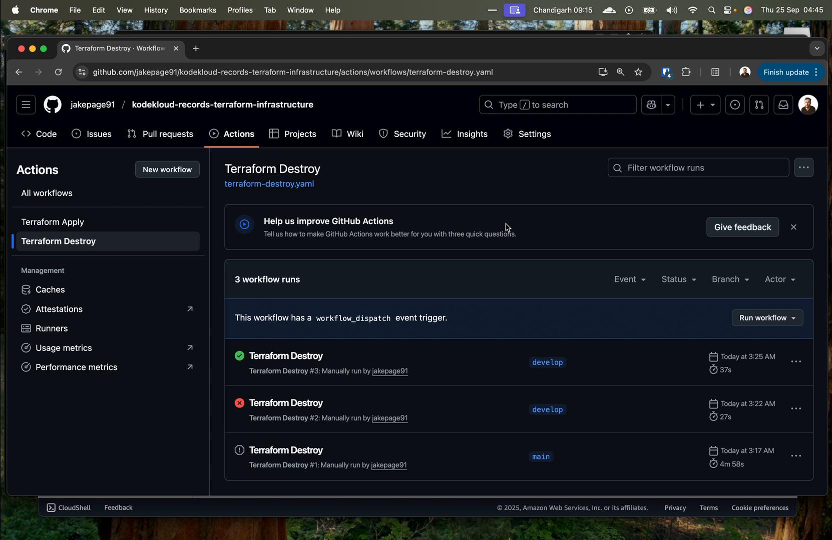 A dark-mode GitHub Actions page for the repository "jakepage91/kodekloud-records-terraform-infrastructure" showing the "Terraform Destroy" workflow and a list of three recent workflow runs with their statuses and branches.
