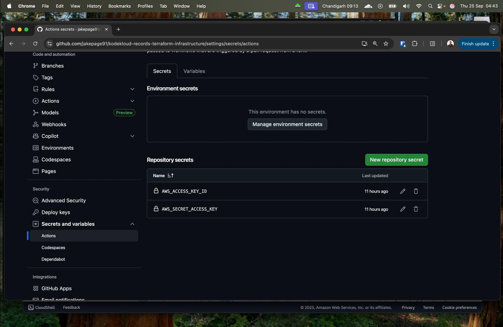 A screenshot of a GitHub repository's Settings > Secrets and variables > Actions page. It shows no environment secrets and two repository secrets named AWS_ACCESS_KEY_ID and AWS_SECRET_ACCESS_KEY with a "New repository secret" button.