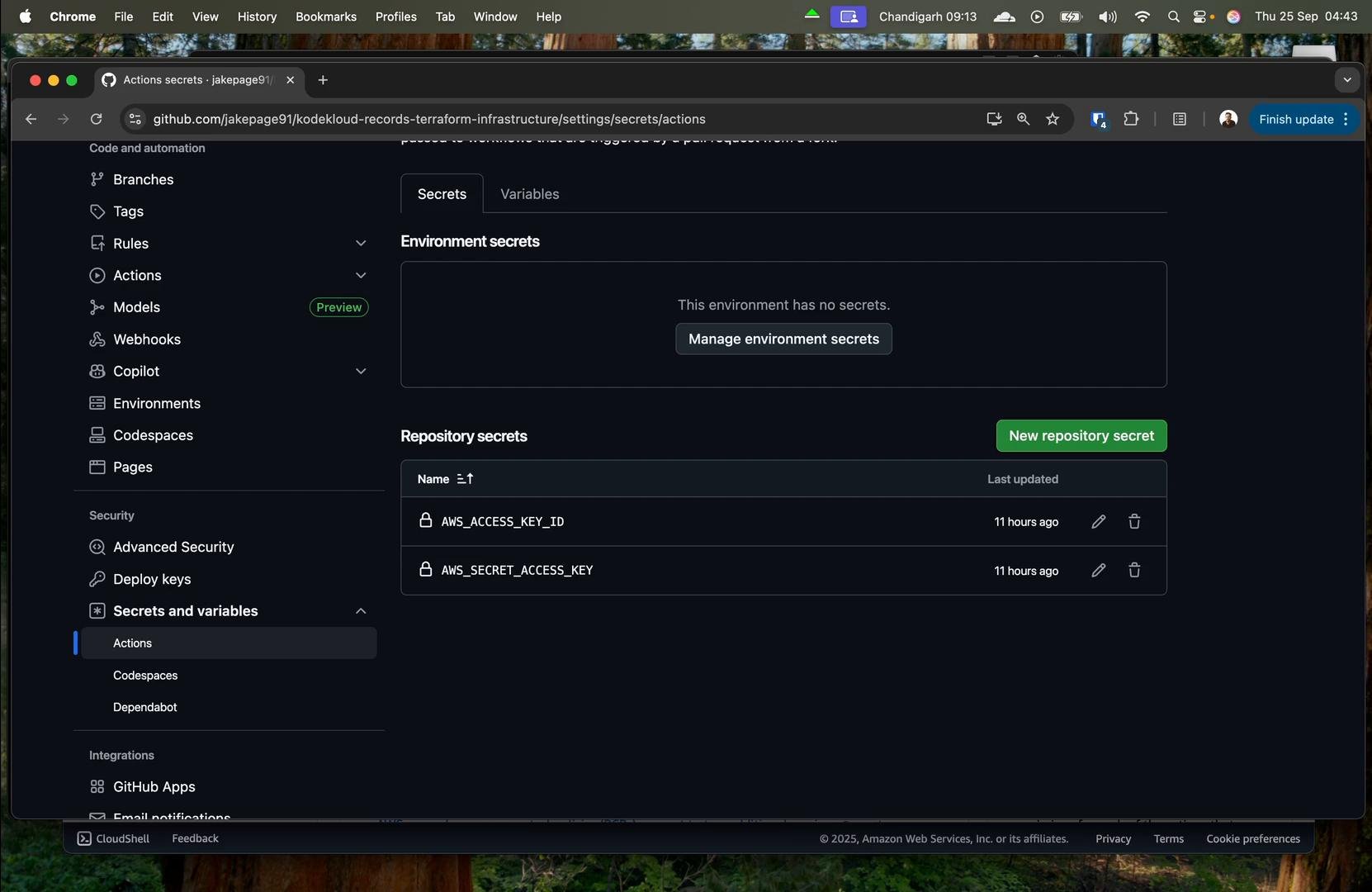 A screenshot of a GitHub repository's Settings > Secrets and variables > Actions page. It shows no environment secrets and two repository secrets named AWS_ACCESS_KEY_ID and AWS_SECRET_ACCESS_KEY with a "New repository secret" button.