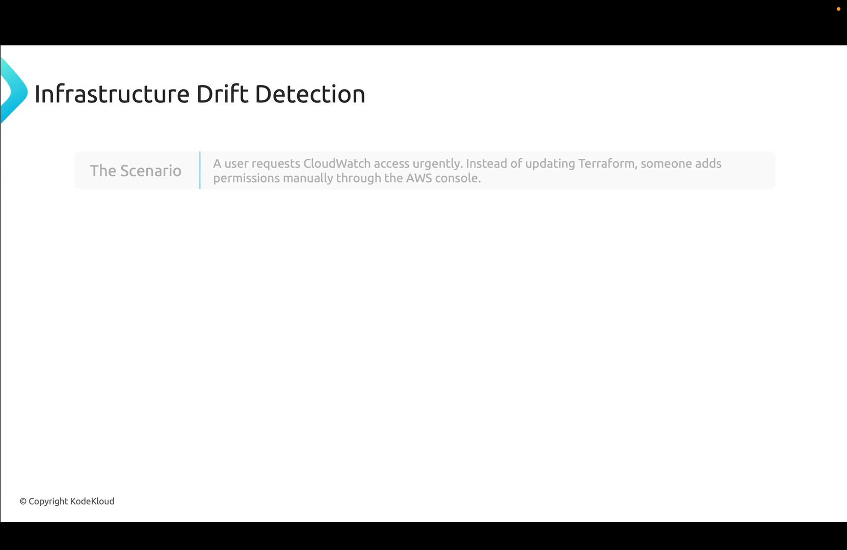 A presentation slide titled "Infrastructure Drift Detection" that describes a scenario where a user urgently needs CloudWatch access and someone grants permissions manually in the AWS console instead of updating Terraform.