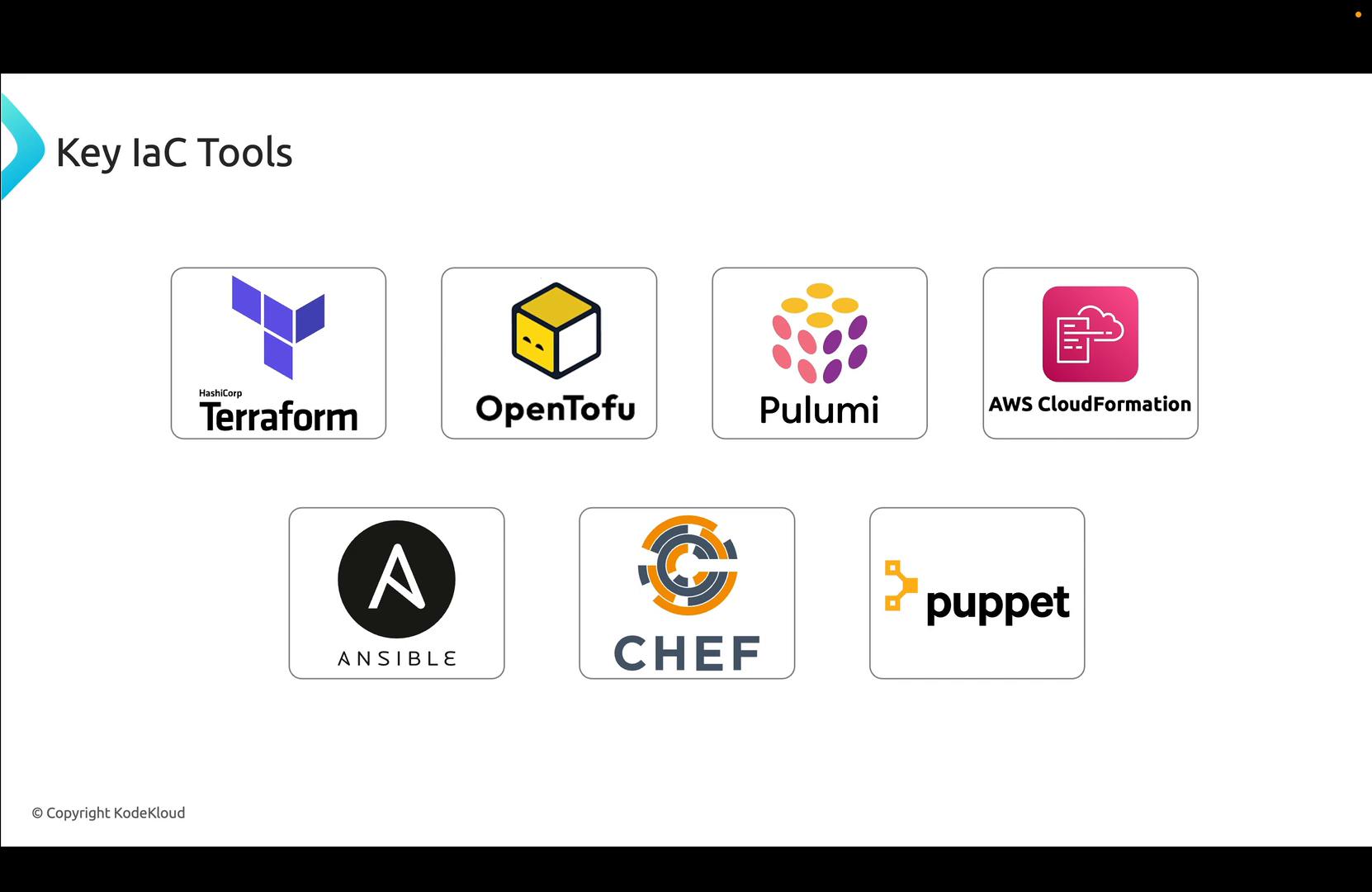 A slide titled "Key IaC Tools" showing logos of popular infrastructure-as-code tools. The logos shown are Terraform, OpenTofu, Pulumi, AWS CloudFormation, Ansible, Chef, and Puppet.
