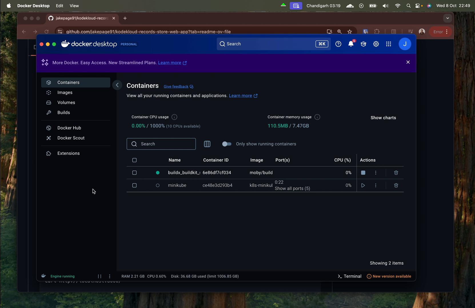 Screenshot of Docker Desktop on macOS showing the Containers dashboard. Two containers (buildx_buildkit and minikube) are listed with CPU/memory stats and sidebar navigation (Images, Volumes, Builds).