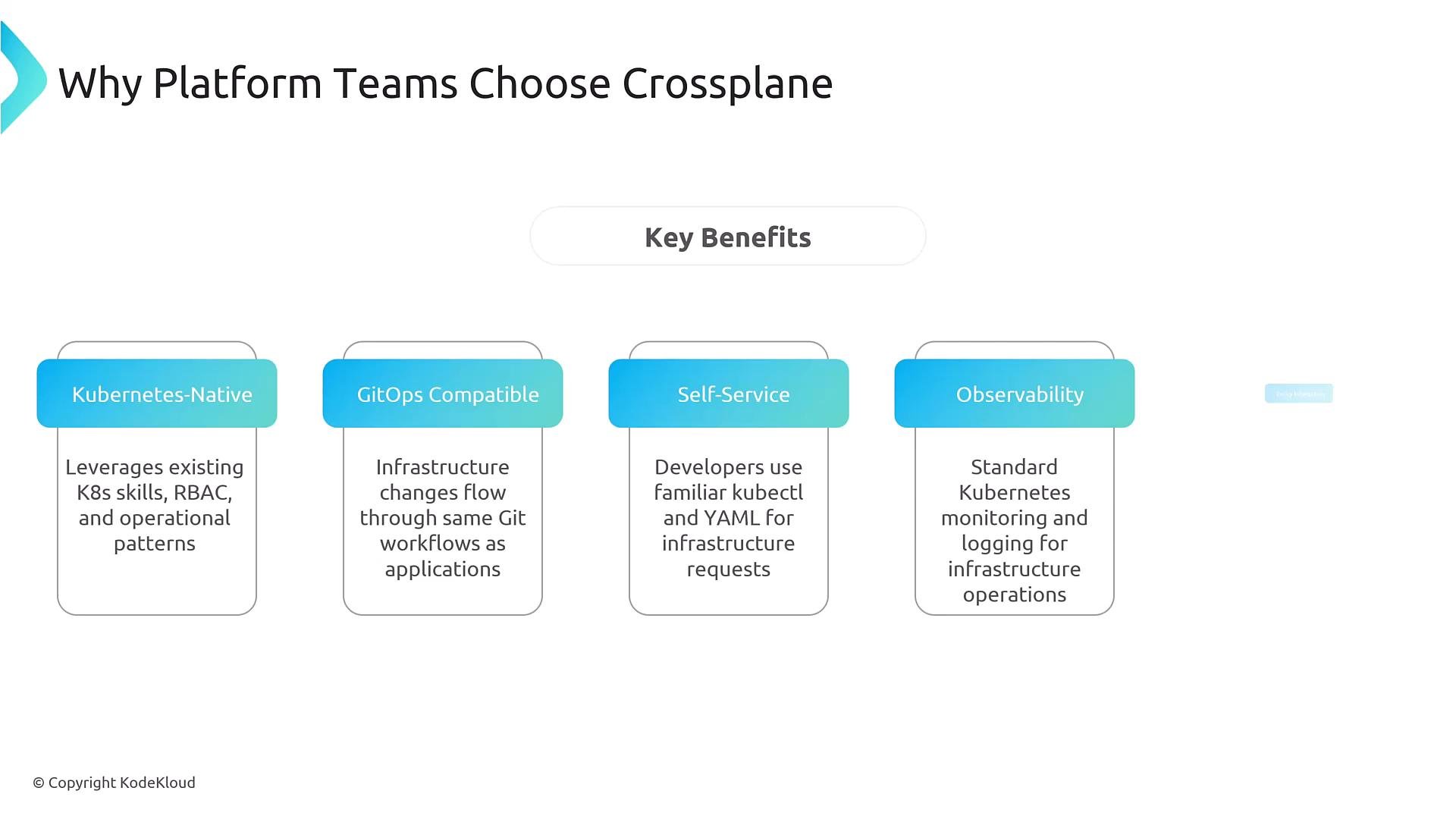 A presentation slide titled "Why Platform Teams Choose Crossplane" listing four key benefits — Kubernetes-Native, GitOps Compatible, Self-Service, and Observability — each with a short explanatory note. The slide is branded © KodeKloud.