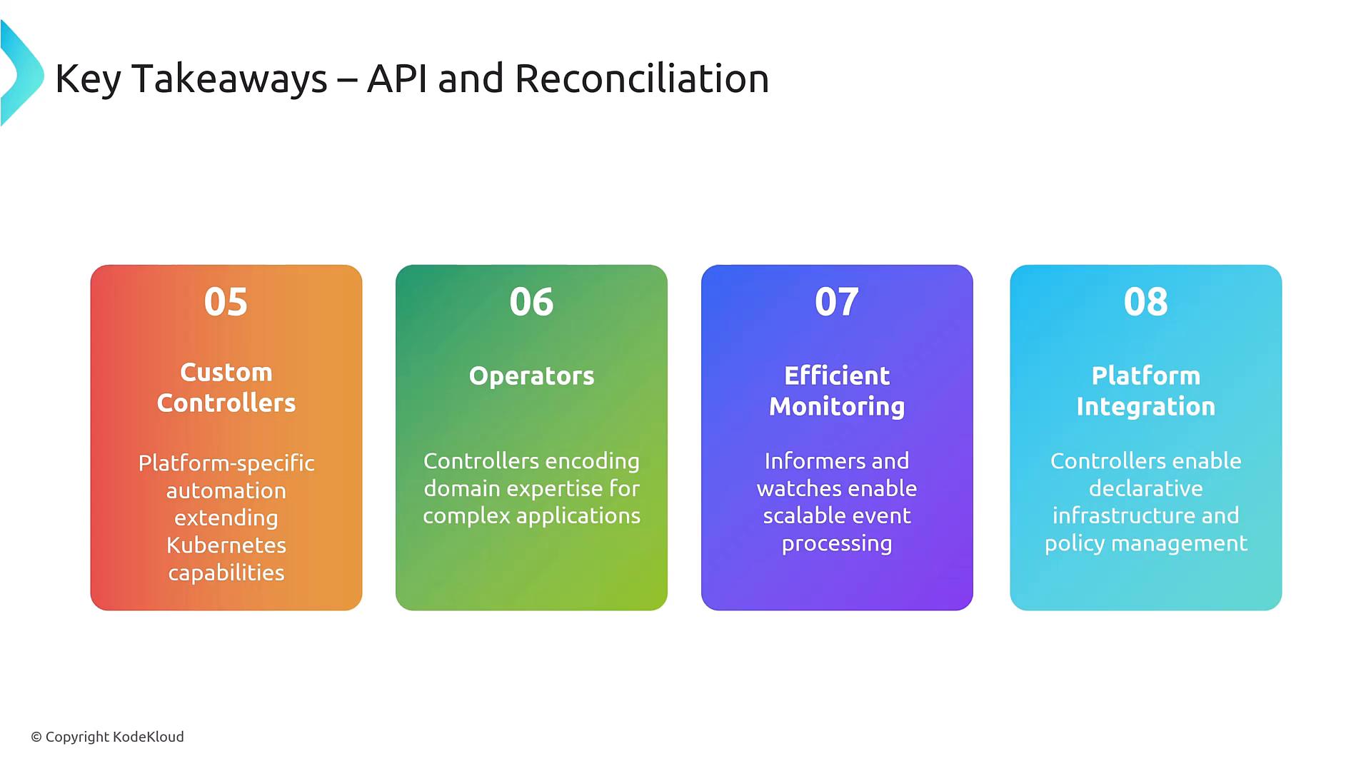 A slide titled "Key Takeaways – API and Reconciliation" showing four colorful cards numbered 05–08 that summarize: Custom Controllers, Operators, Efficient Monitoring, and Platform Integration. Each card includes a short description about extending Kubernetes, encoding domain expertise, scalable event processing, and declarative infrastructure.