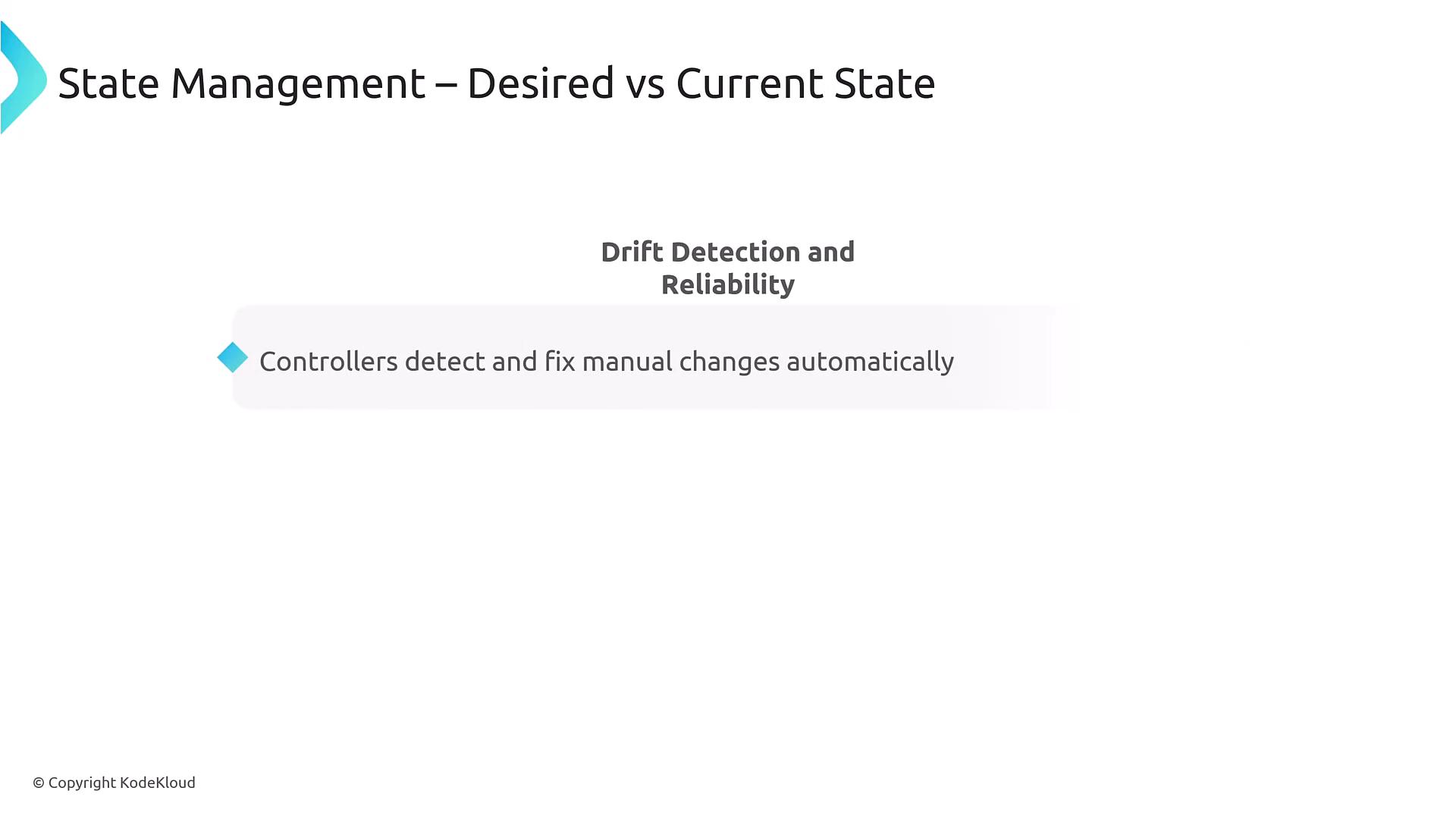 A presentation slide titled "State Management – Desired vs Current State" showing "Drift Detection and Reliability" with a bullet: "Controllers detect and fix manual changes automatically."