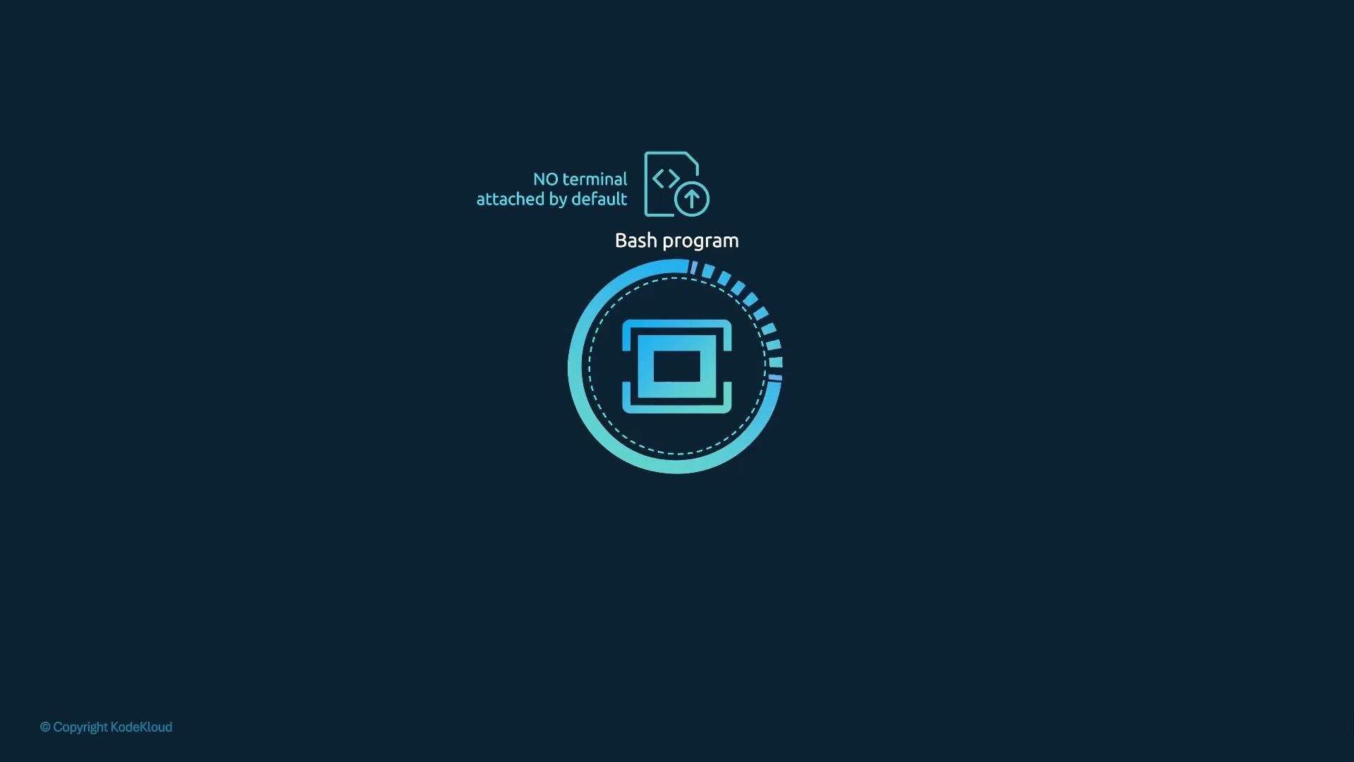 A dark teal illustration showing a circular, tech-style icon of stacked terminal windows labeled "Bash program." Above it is a small code-file icon and the caption "NO terminal attached by default."