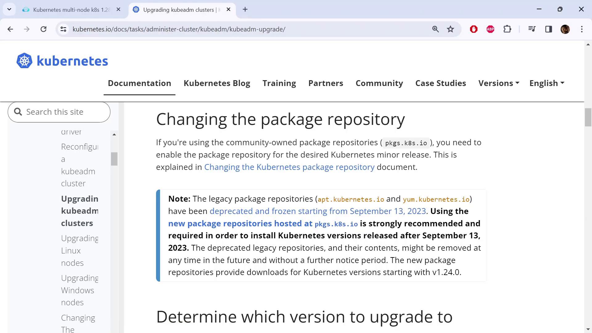 A screenshot of the Kubernetes documentation website showing a page titled "Changing the package repository." The page includes a highlighted note about deprecated legacy package repositories and a left-hand navigation menu.