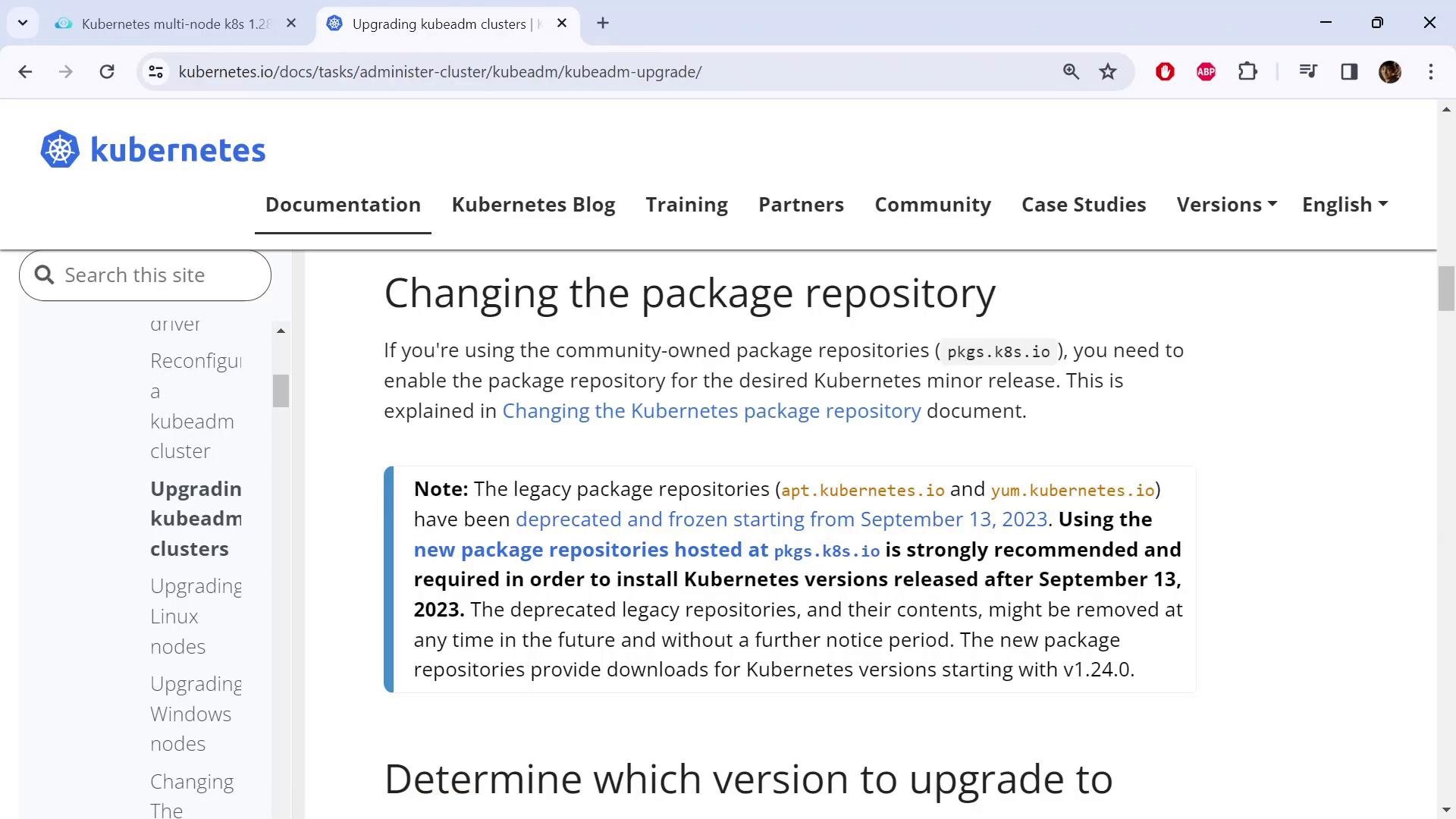 A screenshot of the Kubernetes documentation website showing a page titled "Changing the package repository." The page includes a highlighted note about deprecated legacy package repositories and a left-hand navigation menu.