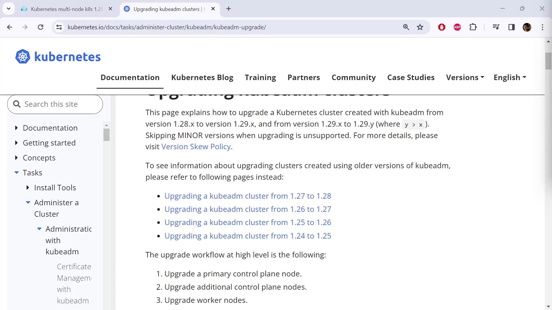 A screenshot of the Kubernetes website documentation page describing how to upgrade kubeadm clusters, with a left navigation sidebar and links to specific version upgrade guides. The page shows headings and a short numbered upgrade workflow.