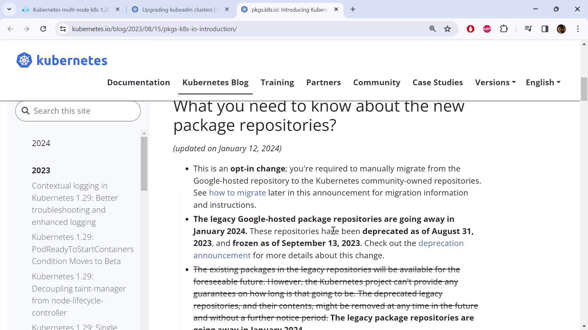 A screenshot of the Kubernetes website blog showing a post titled "What you need to know about the new package repositories?" with the site header and a left sidebar listing 2023 posts. The article text discusses migrating from Google-hosted package repositories and their deprecation timeline.