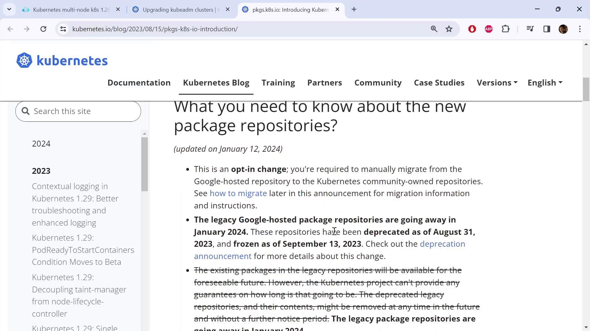 A screenshot of the Kubernetes website blog showing a post titled "What you need to know about the new package repositories?" with the site header and a left sidebar listing 2023 posts. The article text discusses migrating from Google-hosted package repositories and their deprecation timeline.