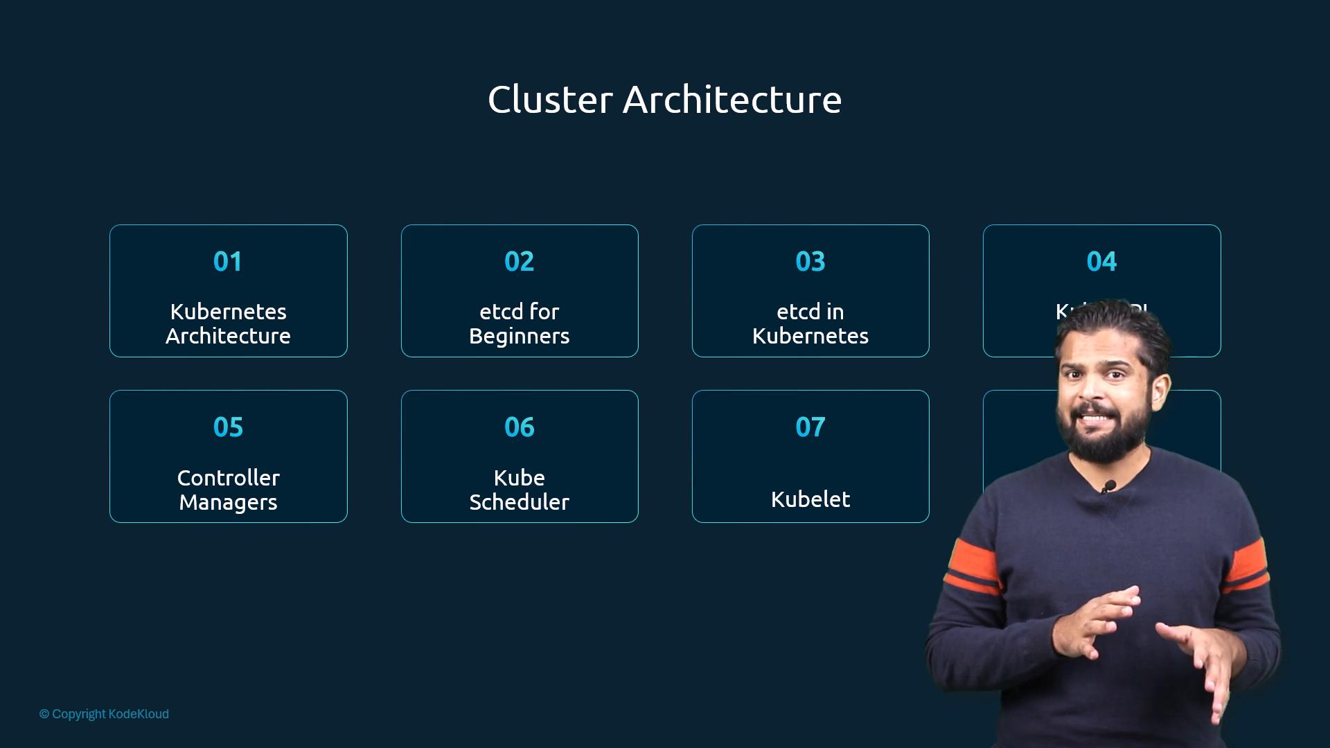 A dark presentation slide titled "Cluster Architecture" showing eight numbered boxes with Kubernetes topics (e.g., Kubernetes Architecture, etcd, Controller Managers, Kube Scheduler, Kubelet). A presenter stands on the right, gesturing as they speak.