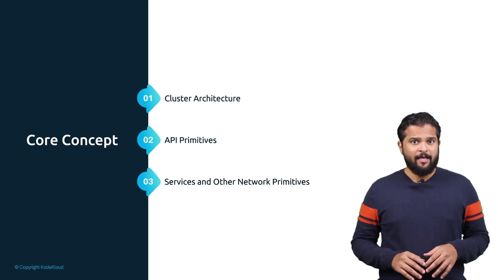A presentation slide titled "Core Concept" lists three numbered items: 01 Cluster Architecture, 02 API Primitives, and 03 Services and Other Network Primitives. A presenter stands on the right side speaking to the camera.