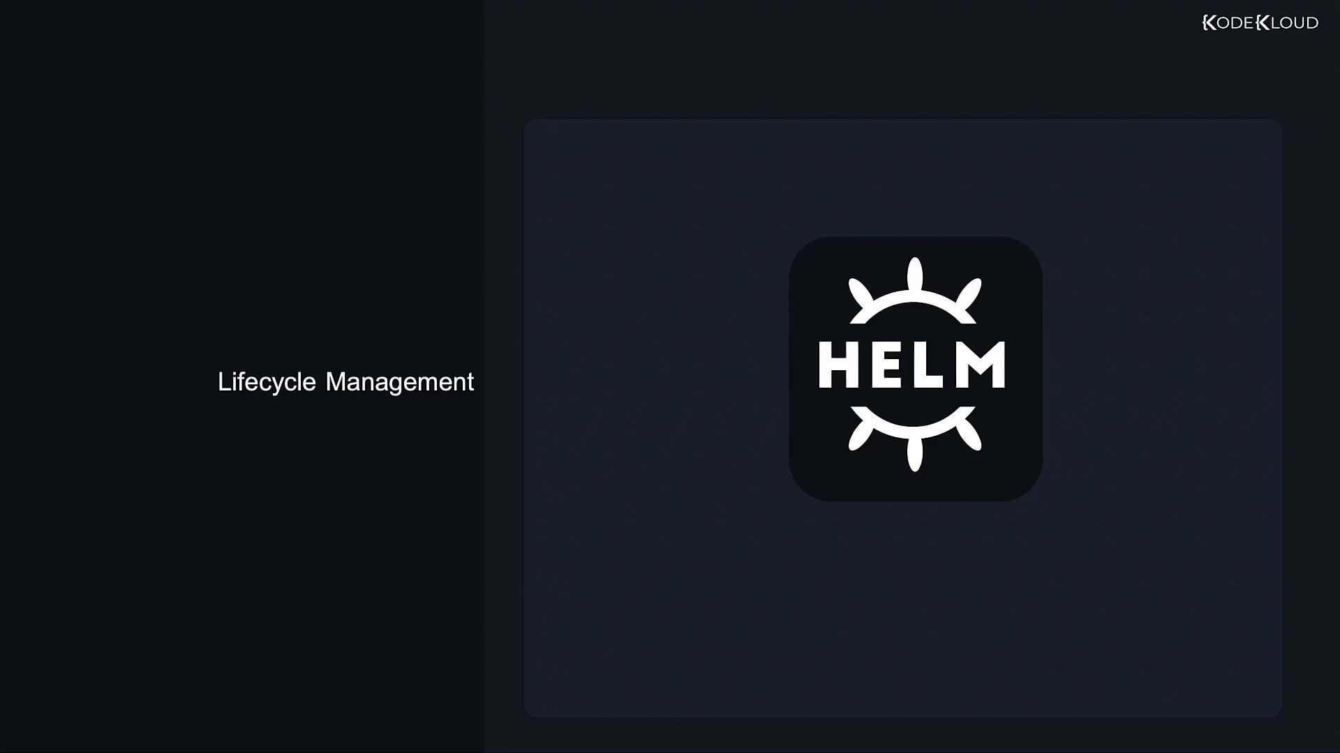 A dark presentation slide with the text "Lifecycle Management" on the left. On the right is the Helm logo — a stylized ship wheel icon with the word "HELM."