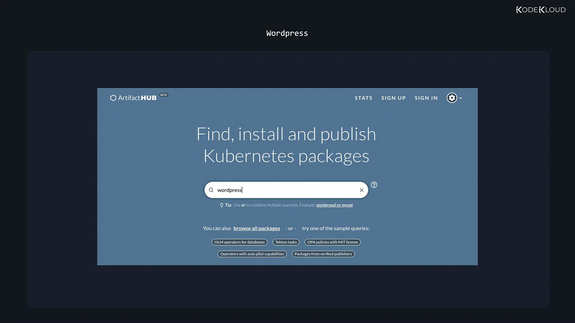 A screenshot of the Artifact Hub website showing the headline "Find, install and publish Kubernetes packages" with a prominent search bar containing the query "wordpress." The page is displayed on a dark background with site navigation and small tag buttons below the search.