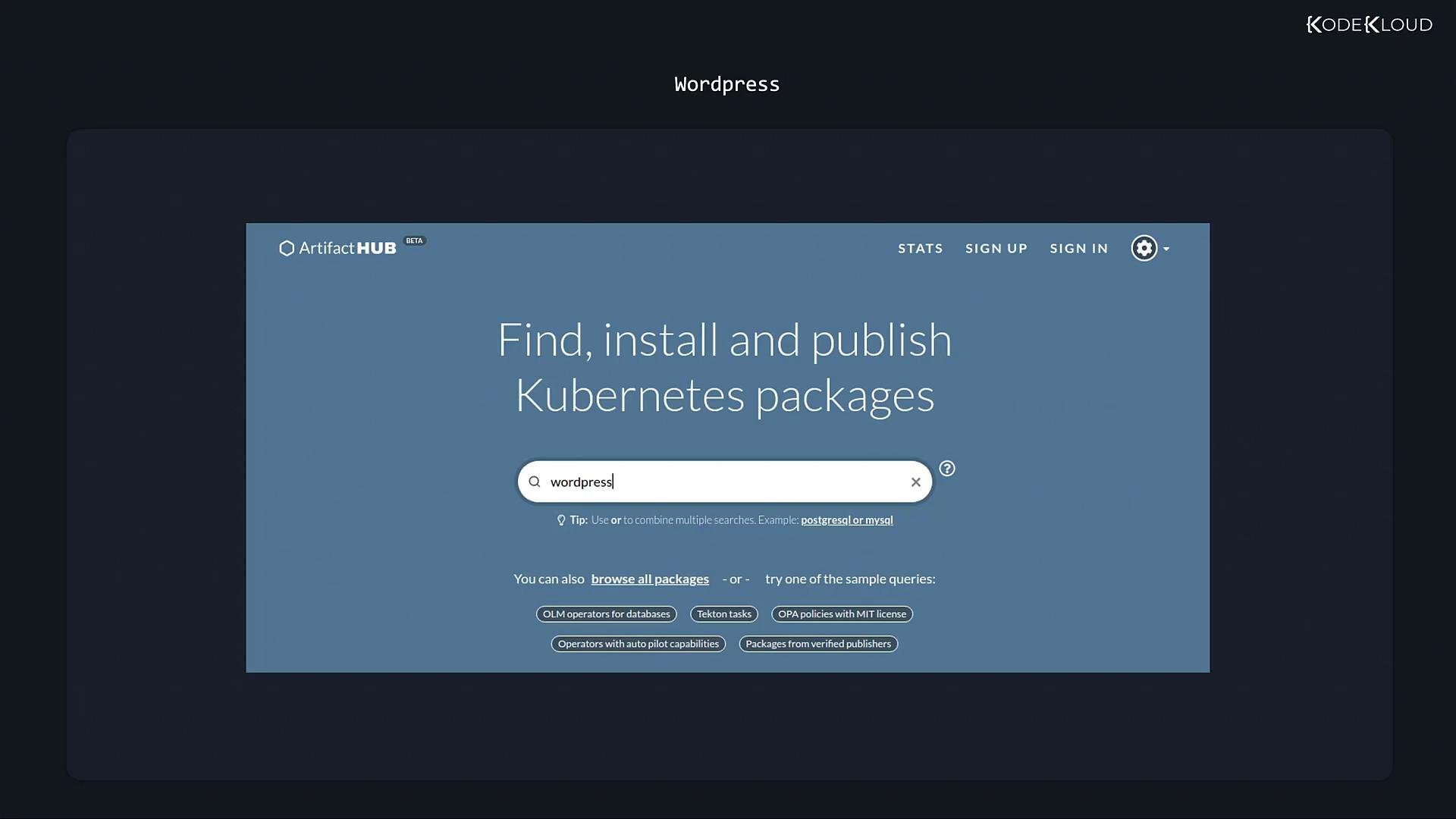 A screenshot of the Artifact Hub website showing the headline "Find, install and publish Kubernetes packages" with a prominent search bar containing the query "wordpress." The page is displayed on a dark background with site navigation and small tag buttons below the search.