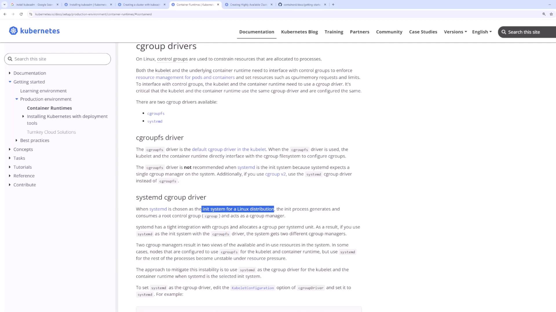A screenshot of the Kubernetes documentation site showing a page about cgroup drivers, with the site navigation on the left and content describing cgroupfs and systemd drivers on the right. The Kubernetes logo and header are visible at the top.