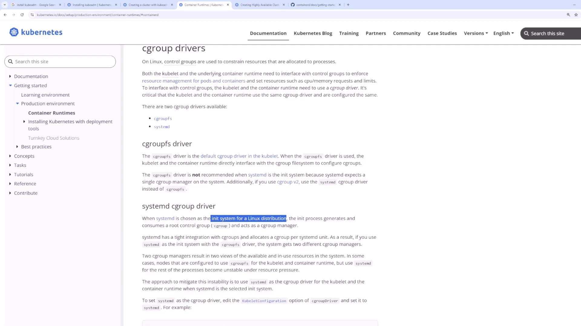 A screenshot of the Kubernetes documentation site showing a page about cgroup drivers, with the site navigation on the left and content describing cgroupfs and systemd drivers on the right. The Kubernetes logo and header are visible at the top.
