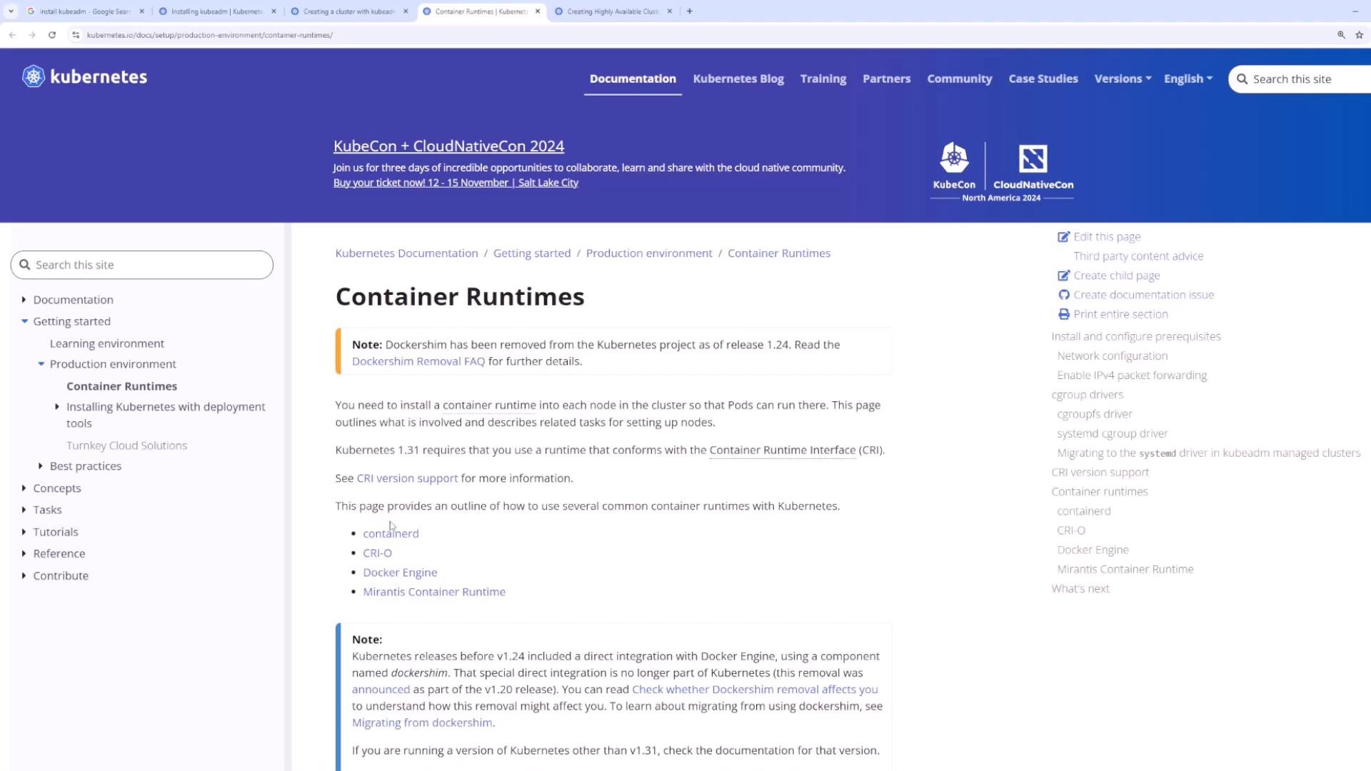 A screenshot of the Kubernetes documentation page titled "Container Runtimes," showing the main article text and links, a left-hand navigation menu, and a blue KubeCon banner across the top.