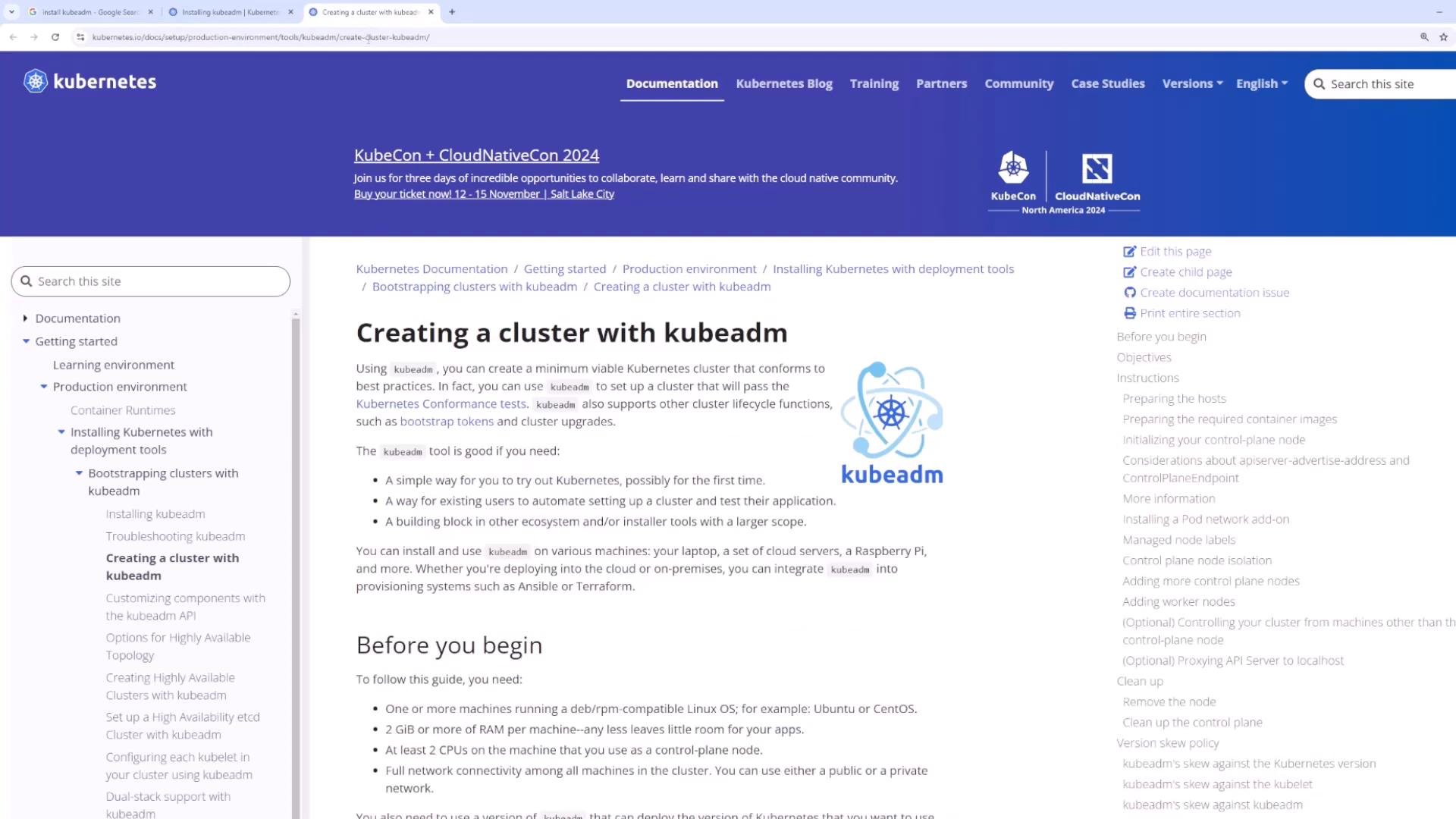 A screenshot of the Kubernetes documentation webpage titled "Creating a cluster with kubeadm," showing navigation links on the left and detailed instructions in the main content area. A blue header promotes KubeCon + CloudNativeCon 2024 at the top.
