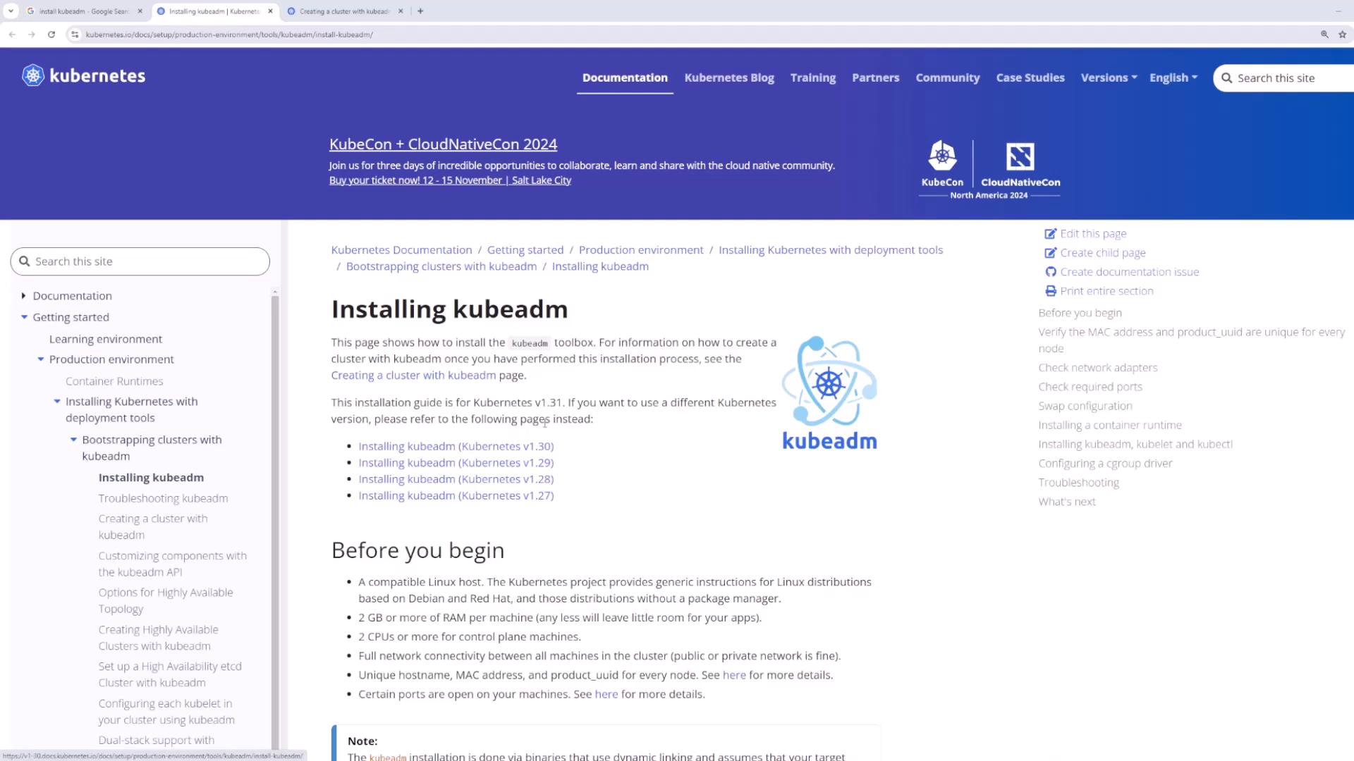 A screenshot of the Kubernetes documentation page for "Installing kubeadm," showing the left navigation menu and the main content with prerequisites and version links. The top banner advertises KubeCon + CloudNativeCon 2024.