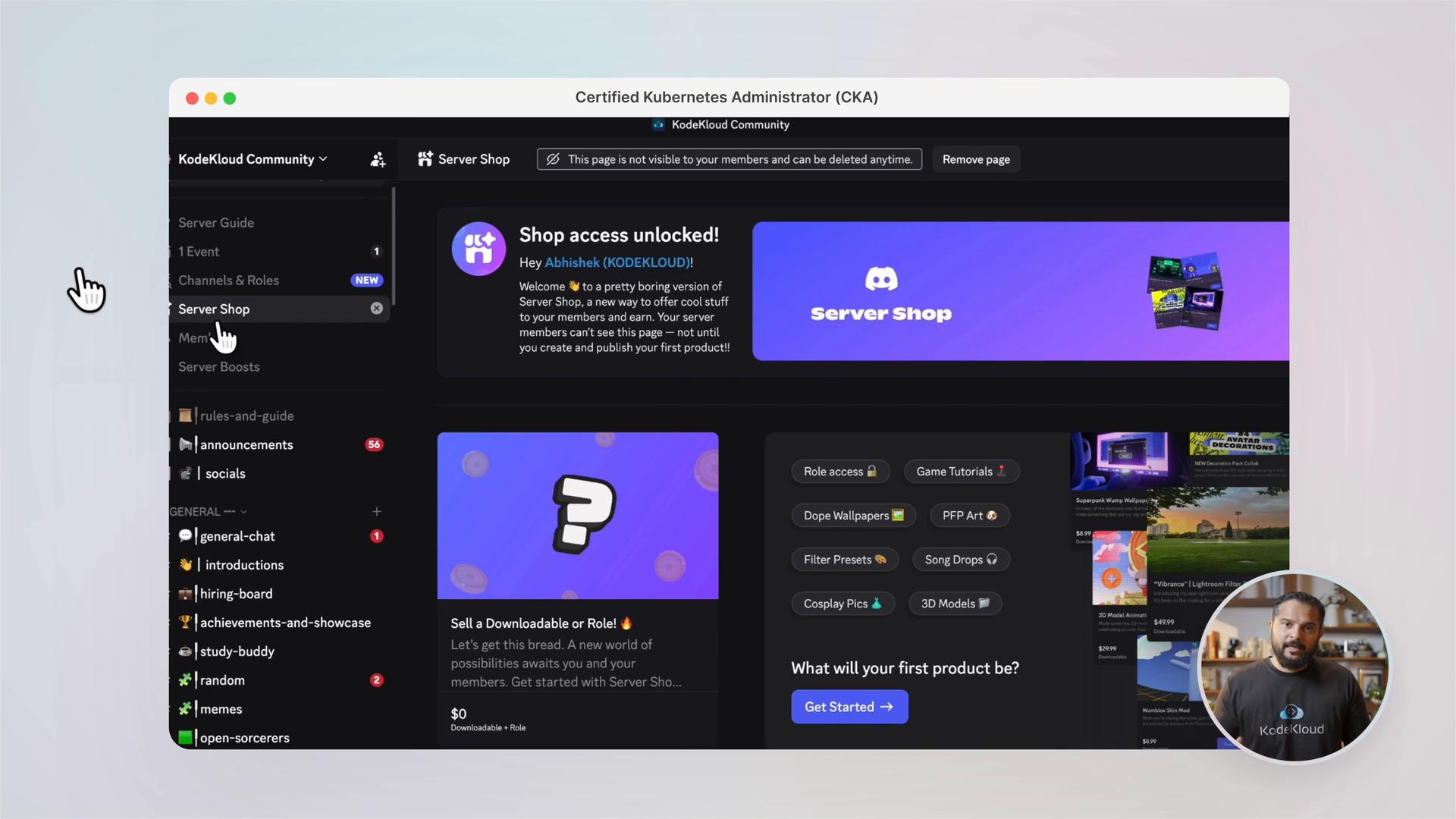 A screenshot of a Discord server's "Server Shop" page showing a "Shop access unlocked!" banner, product tiles, and the left-hand channel list. A small circular video overlay of a person appears in the bottom-right.