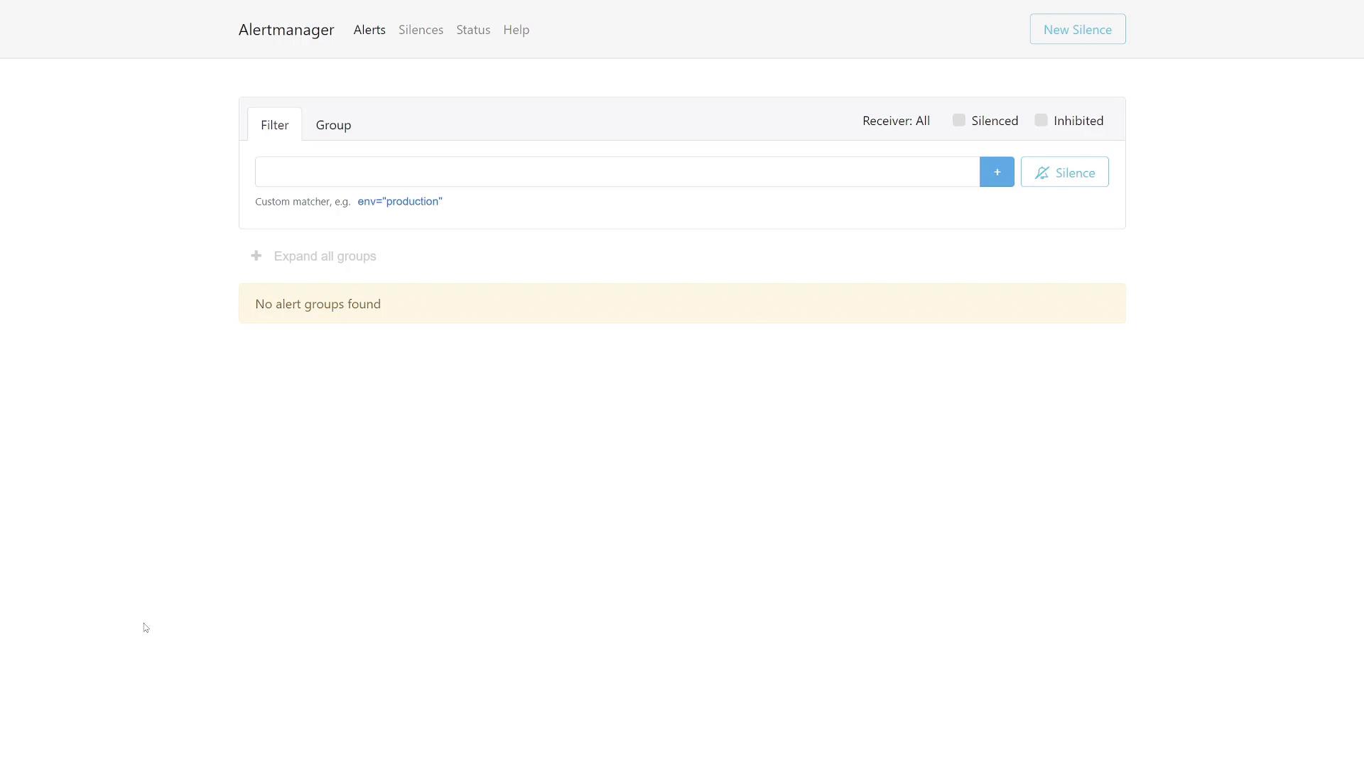 A screenshot of the Alertmanager web UI showing the Alerts page with a filter box and controls for silencing alerts. The page displays a highlighted message: "No alert groups found."
