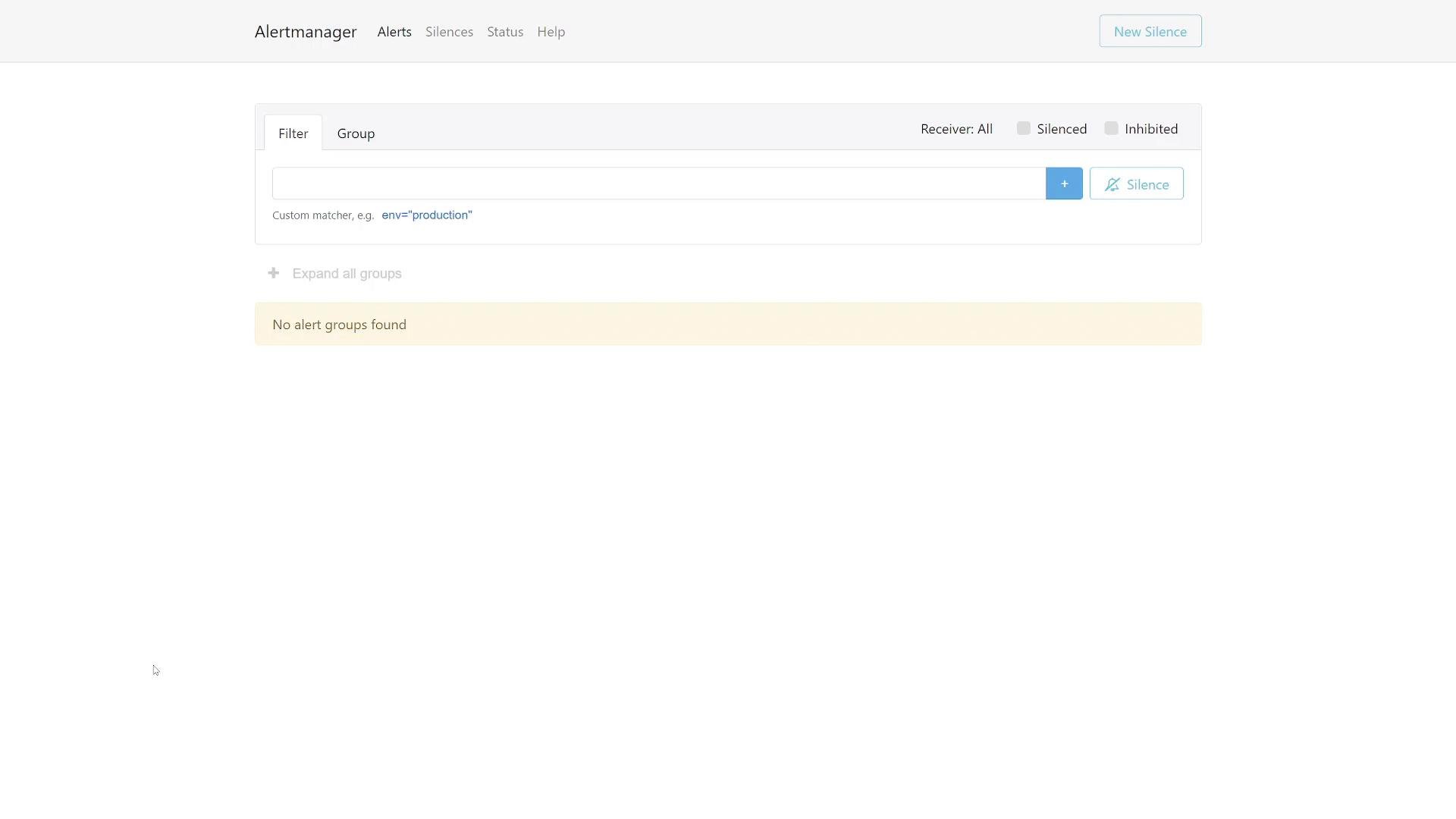 A screenshot of the Alertmanager web UI showing the Alerts page with a filter box and controls for silencing alerts. The page displays a highlighted message: "No alert groups found."