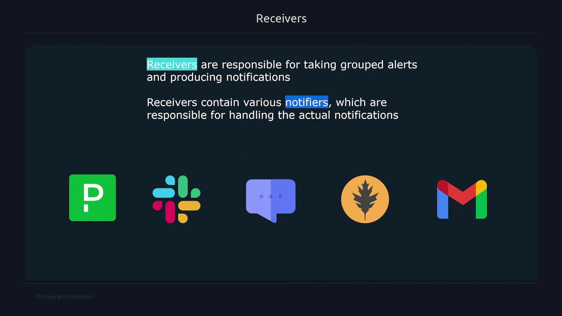 A dark-themed slide titled "Receivers" explaining that receivers take grouped alerts and use notifiers to produce notifications. Below the text are five colorful service icons, including recognizable Slack and Gmail logos.