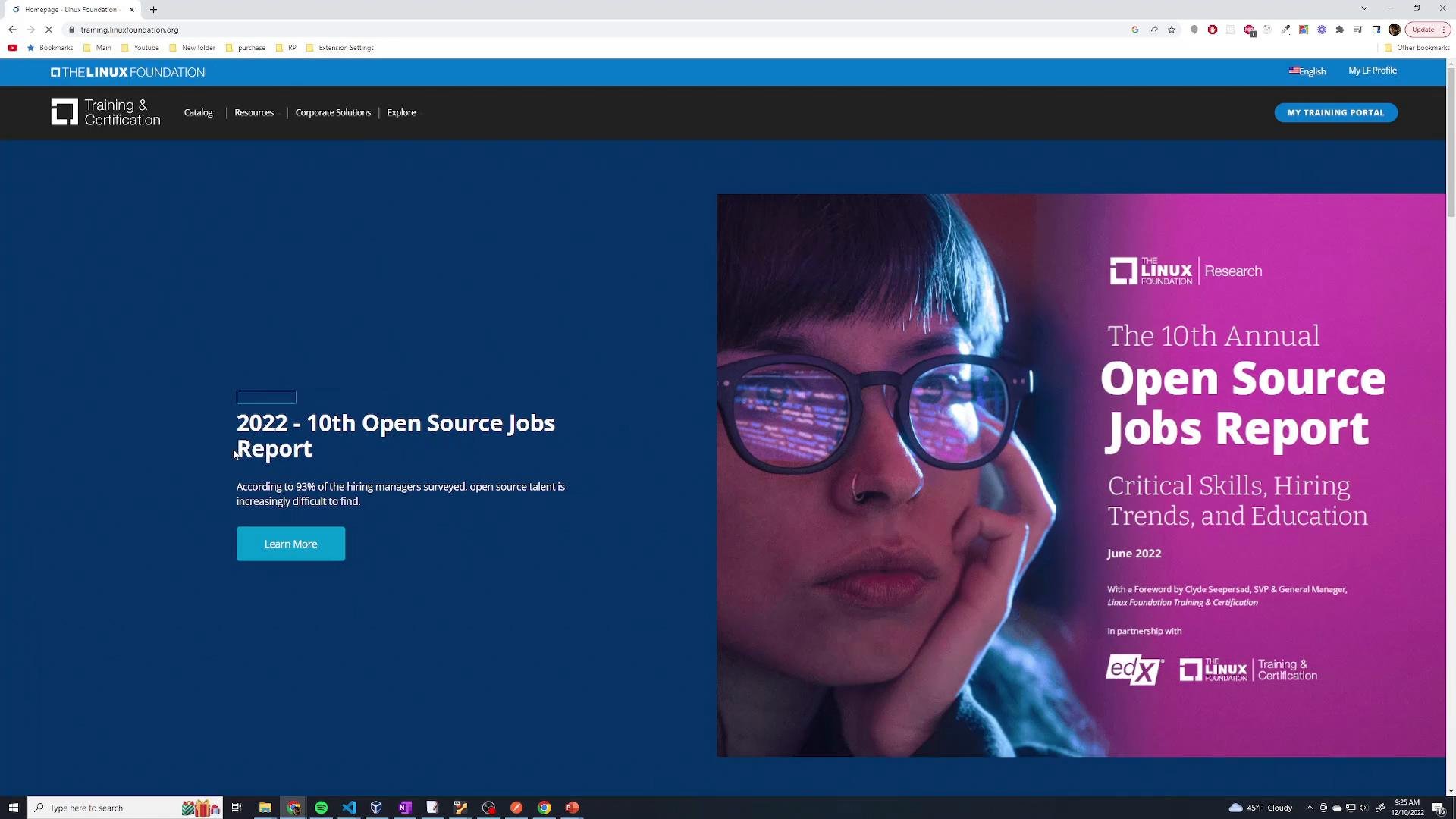 A screenshot of The Linux Foundation Training & Certification webpage promoting the 2022 — 10th Annual Open Source Jobs Report, showing a headline and a "Learn More" button. The right side features a large photo of a person wearing glasses with code reflected in the lenses and a magenta report cover titled "Open Source Jobs Report."
